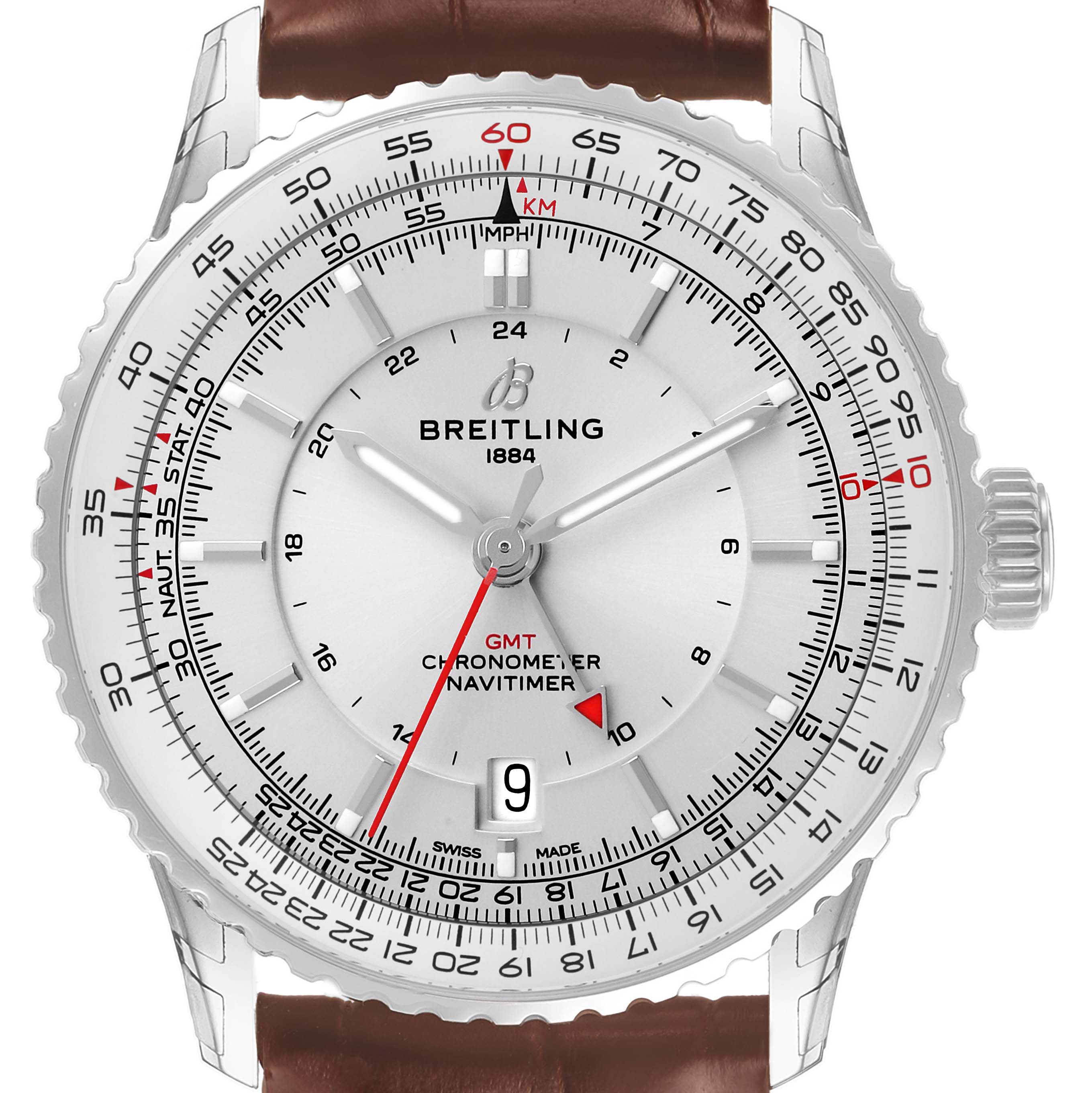 The Breitling Navitimer A32310 Men's Stainless Steel Silver Dial watch is shown from a top-down angle, highlighting the bezel, dial, hands, and date display.