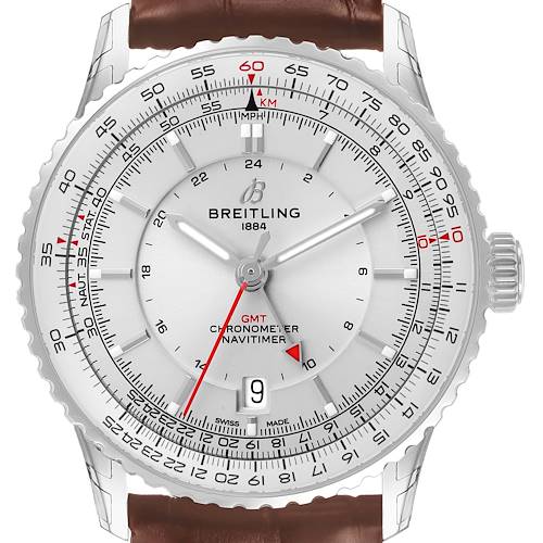 The Breitling Navitimer A32310 Men's Stainless Steel Silver Dial watch is shown from a front angle, displaying the dial, bezel, and brown leather strap.