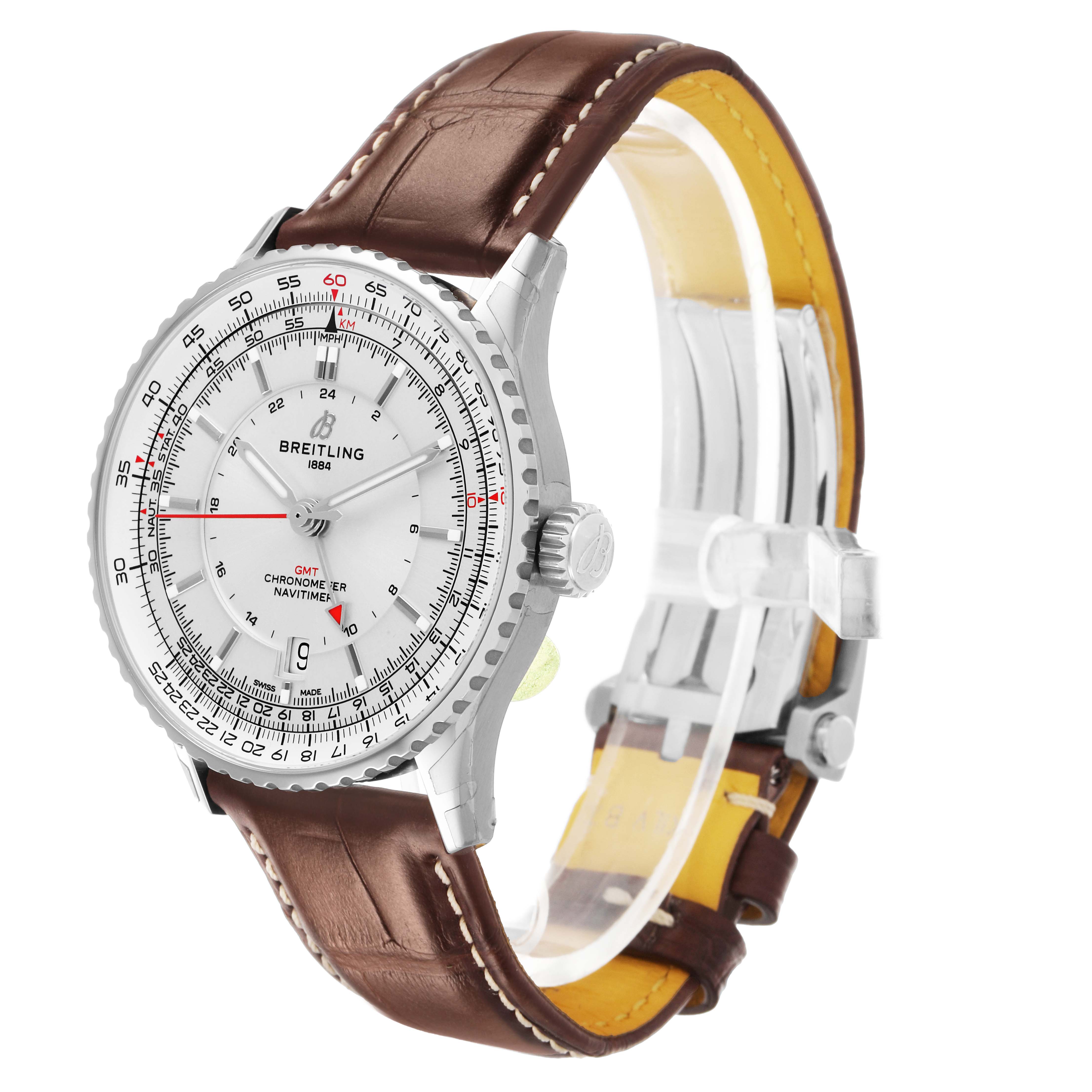 The Breitling Navitimer A32310 Men's Stainless Steel Silver Dial watch is shown at an angled side view, highlighting the dial, bezel, and brown leather strap.
