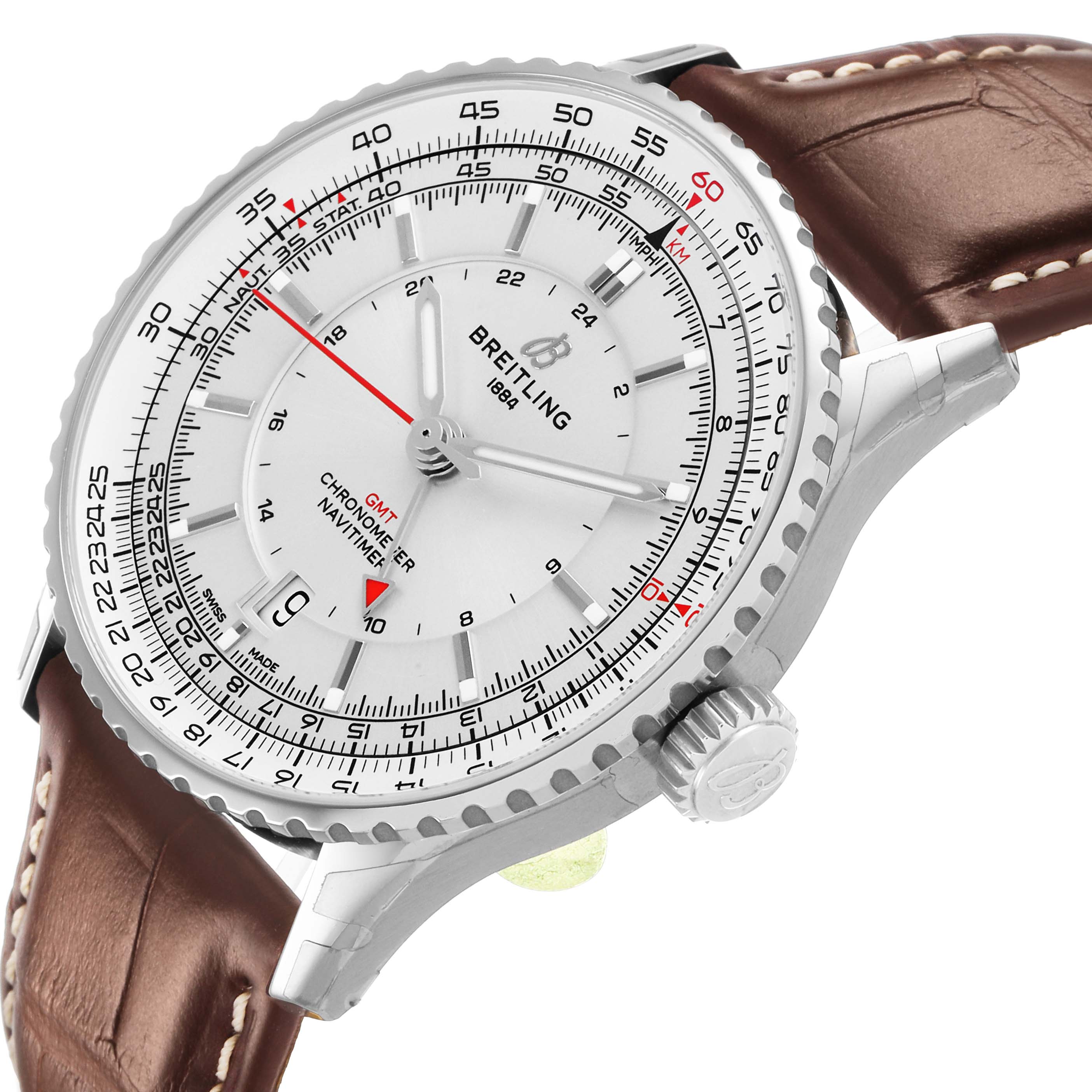 The Breitling Navitimer A32310 Men's Stainless Steel Silver Dial watch is shown at an angle highlighting the face, bezel, crown, and part of the brown leather strap.