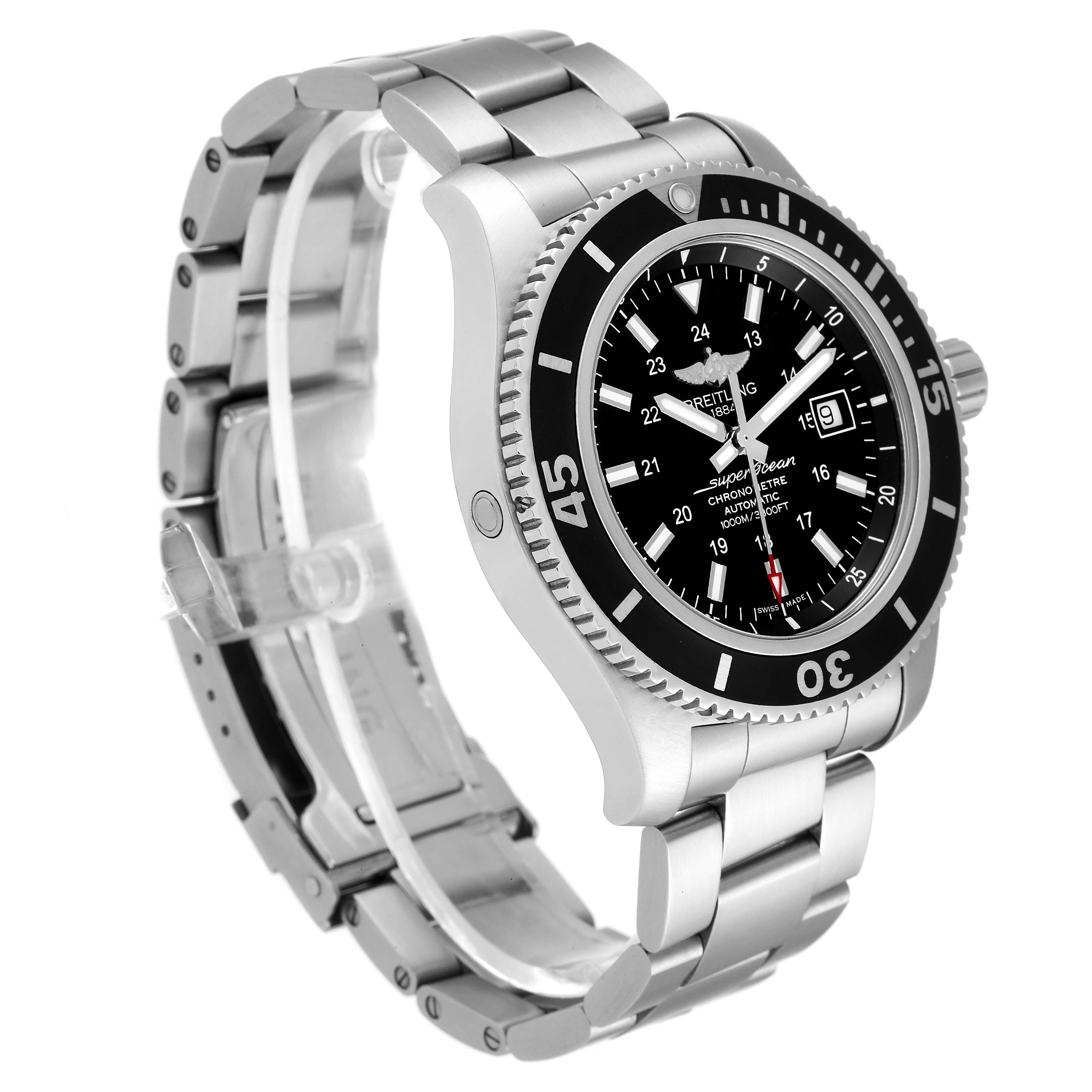The Breitling Superocean A17392D8/C910 Men's Stainless Steel Black Dial A17392D8/C910 Men's Stainless Steel Black Dial watch is shown at a three-quarter angle, displaying the face, bezel, and bracelet.