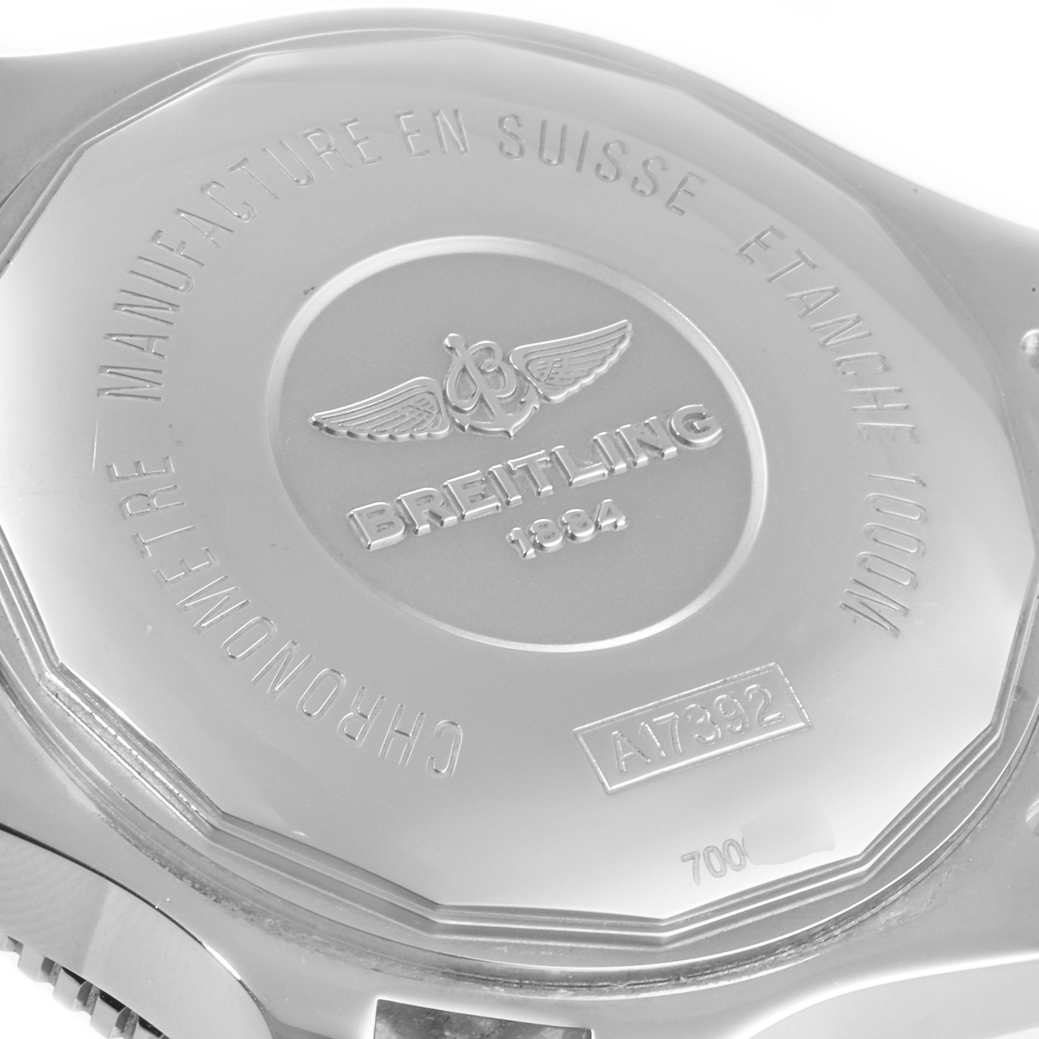 The image shows the case back of a Breitling Superocean A17392D8/C910 Men's Stainless Steel Black Dial A17392D8/C910 Men's Stainless Steel Black Dial watch, displaying the brand and model details.