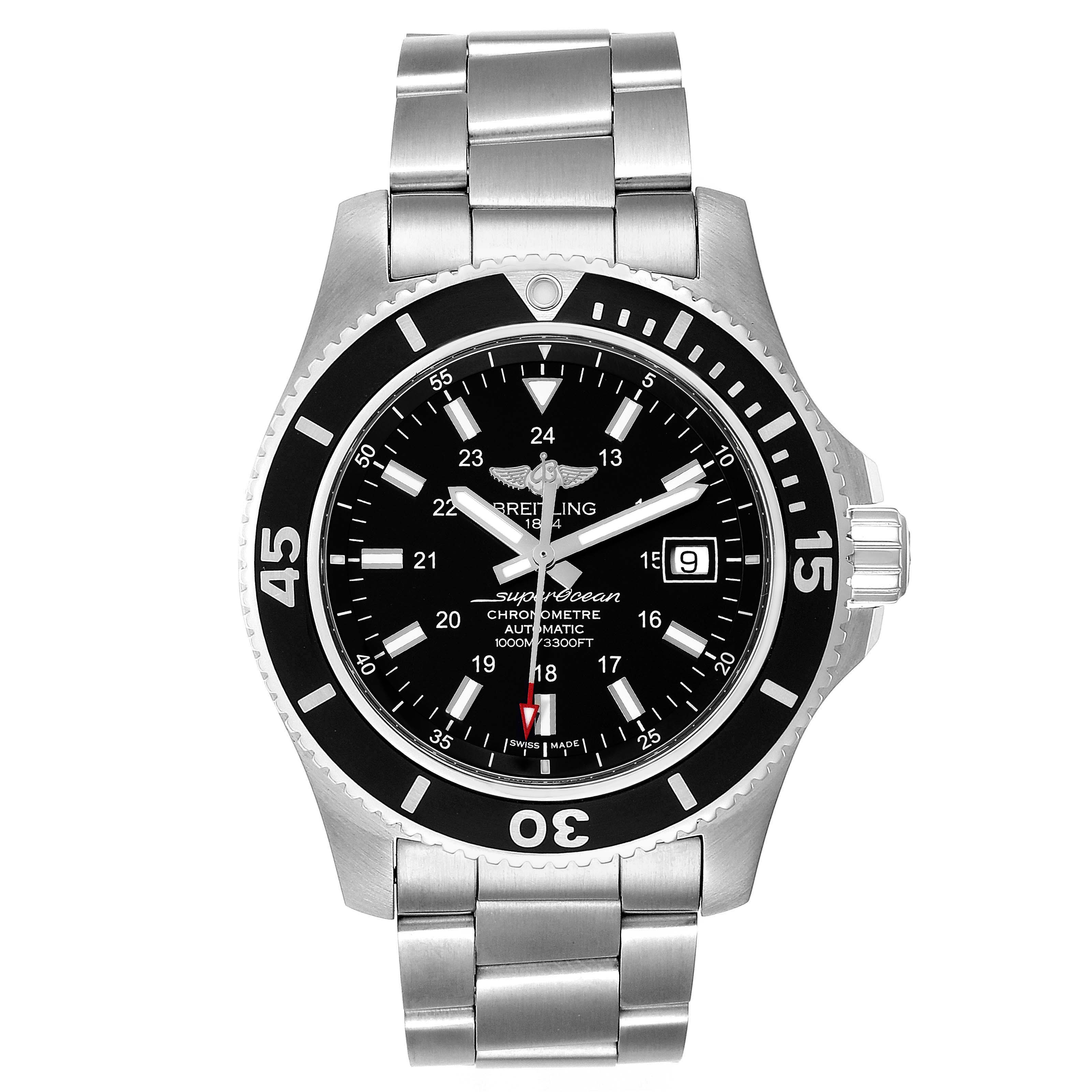 This is a close-up, front view of a Breitling Superocean A17392D8/C910 Men's Stainless Steel Black Dial A17392D8/C910 Men's Stainless Steel Black Dial watch showing the face, bezel, and metal bracelet band.