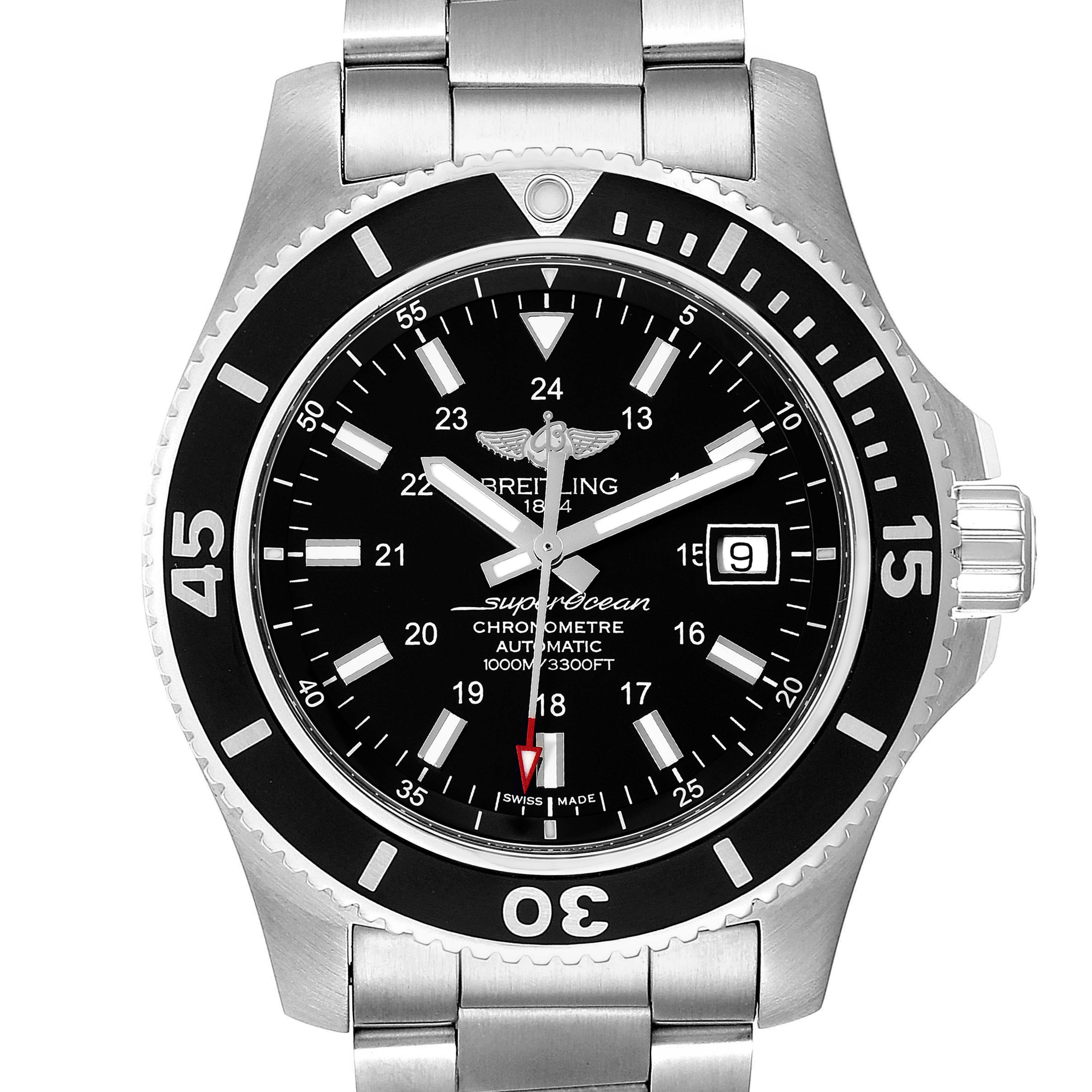 The image shows a front view of a Breitling Superocean A17392D8/C910 Men's Stainless Steel Black Dial A17392D8/C910 Men's Stainless Steel Black Dial watch.