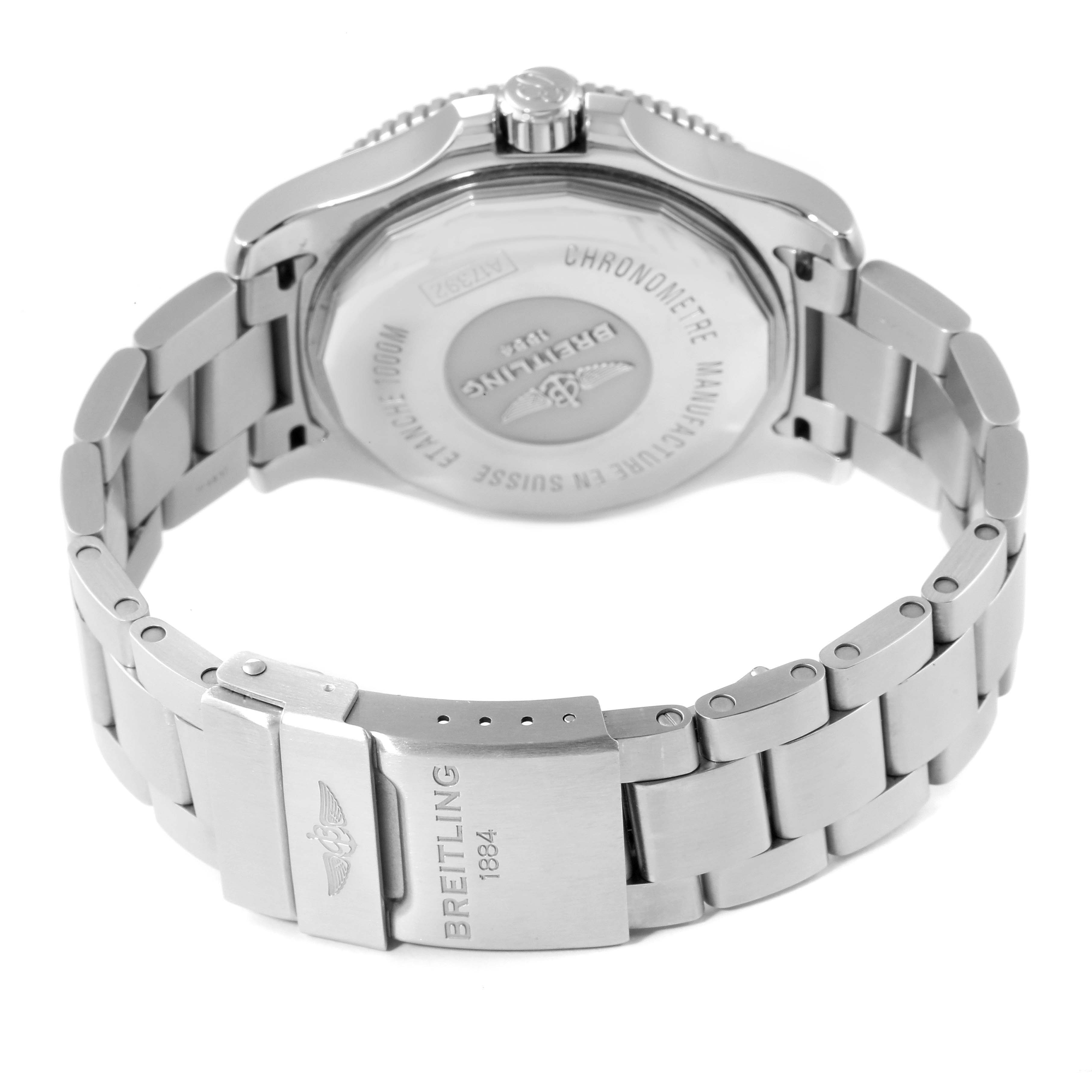 The image shows the back case and stainless steel bracelet clasp of a Breitling Superocean A17392D8/C910 Men's Stainless Steel Black Dial A17392D8/C910 Men's Stainless Steel Black Dial watch from a slightly angled view.