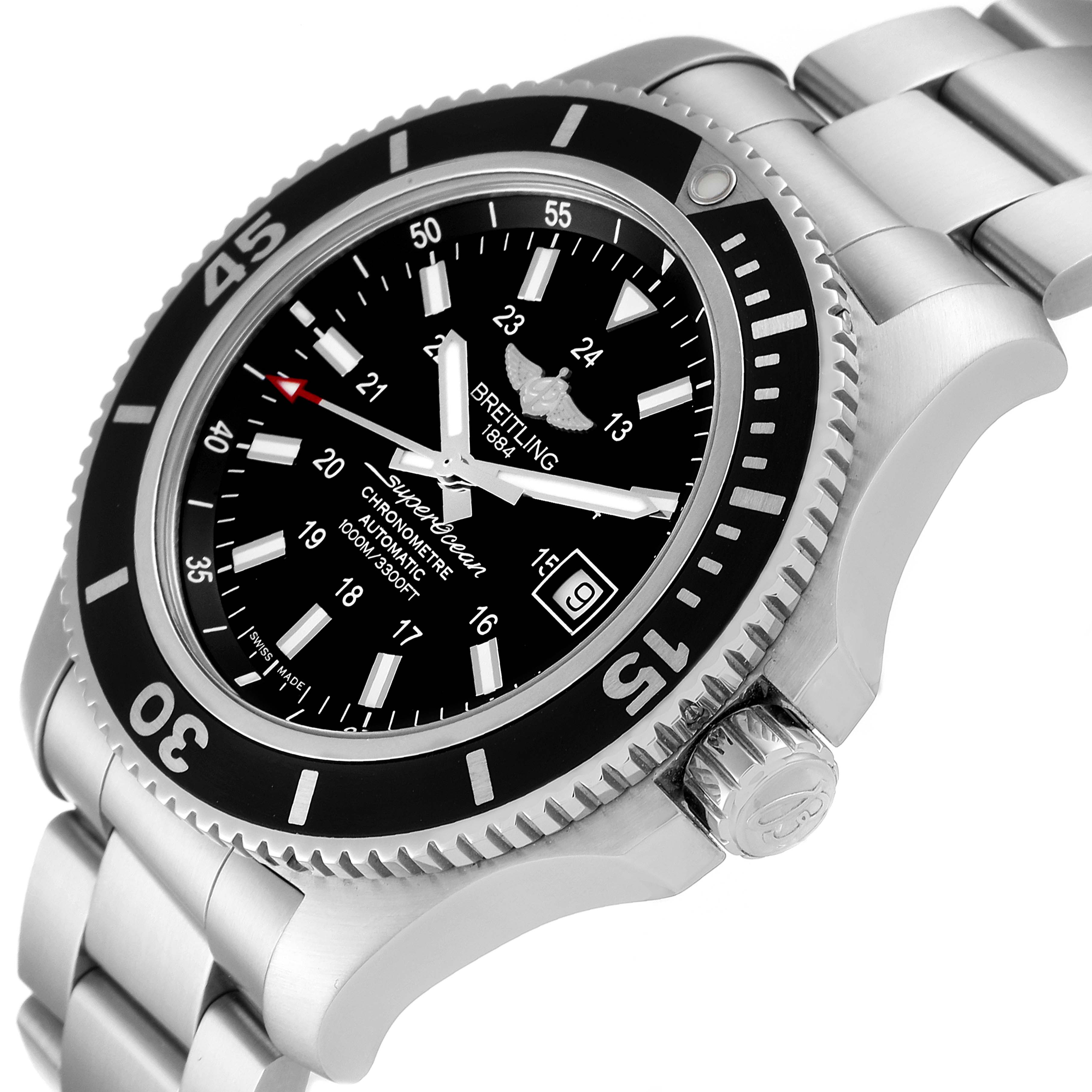 The Breitling Superocean A17392D8/C910 Men's Stainless Steel Black Dial A17392D8/C910 Men's Stainless Steel Black Dial watch is shown at an angled side view, highlighting the bezel, crown, dial, and stainless steel bracelet.