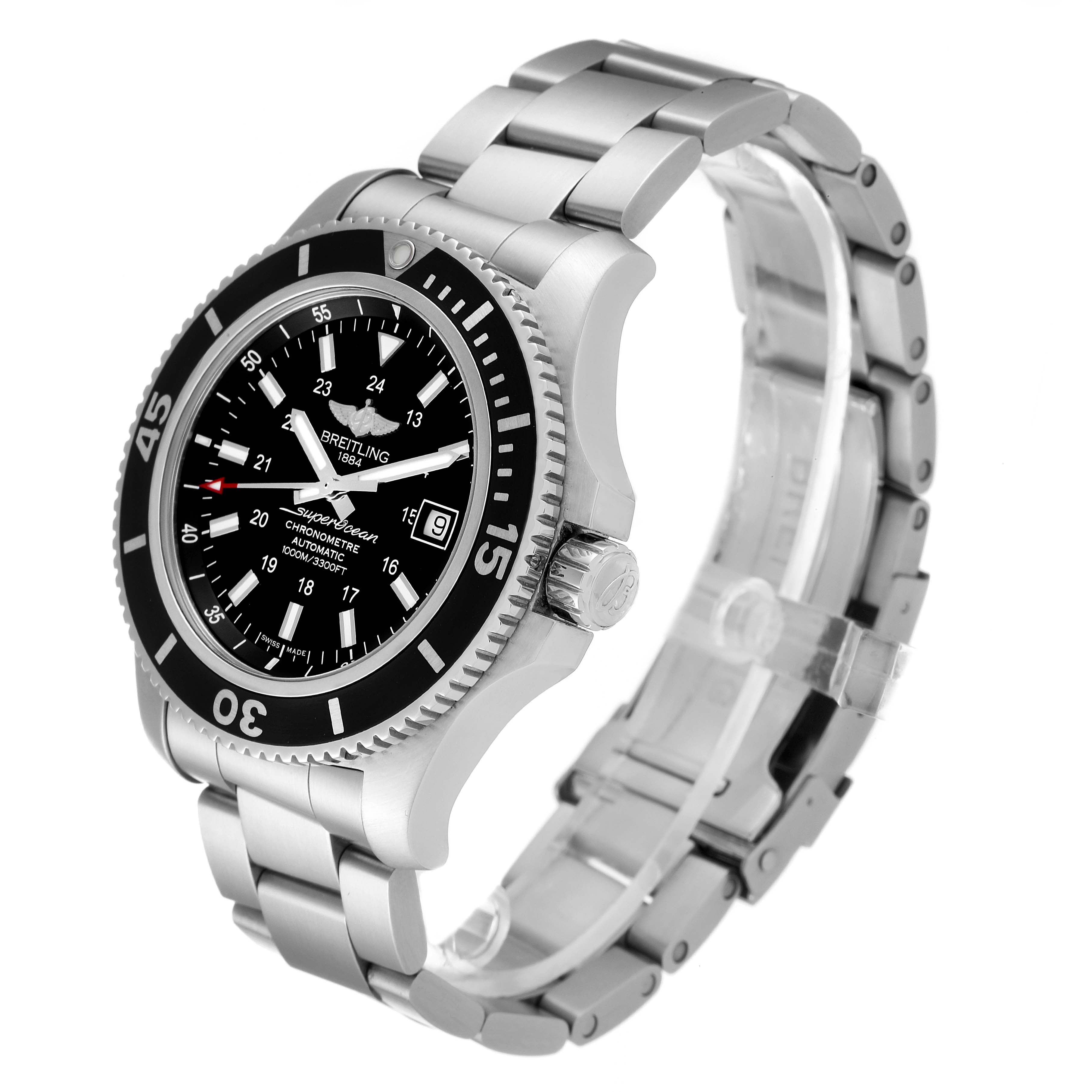 This image shows a side and front view of a Breitling Superocean A17392D8/C910 Men's Stainless Steel Black Dial A17392D8/C910 Men's Stainless Steel Black Dial watch, highlighting its bezel, dial, crown, and metal bracelet.