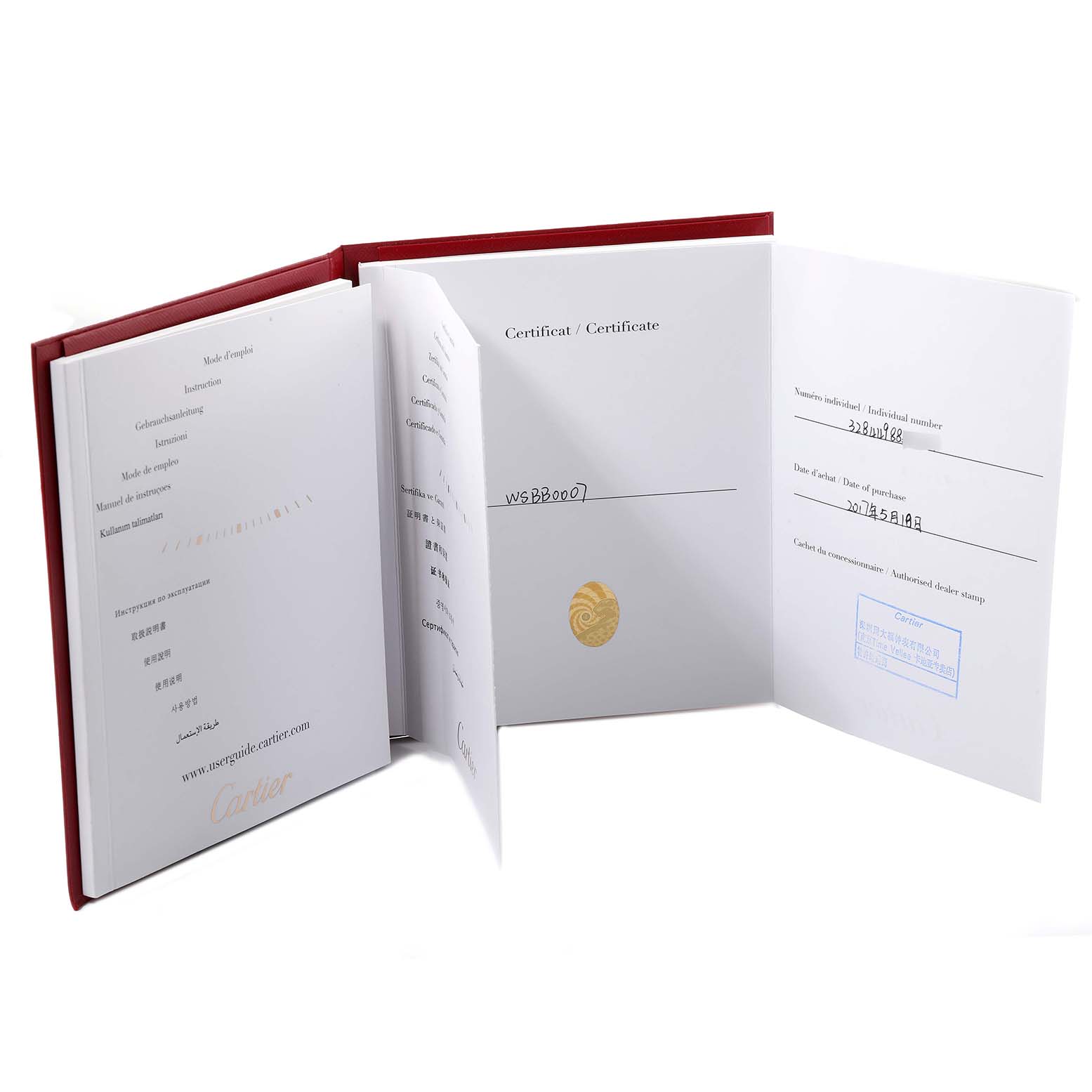 This image shows the certificates and manual of the Cartier Ballon Bleu WSBB0007 Women
s Stainless Steel Pink Dial WSBB0007 Women
s Stainless Steel Pink Dial watch.