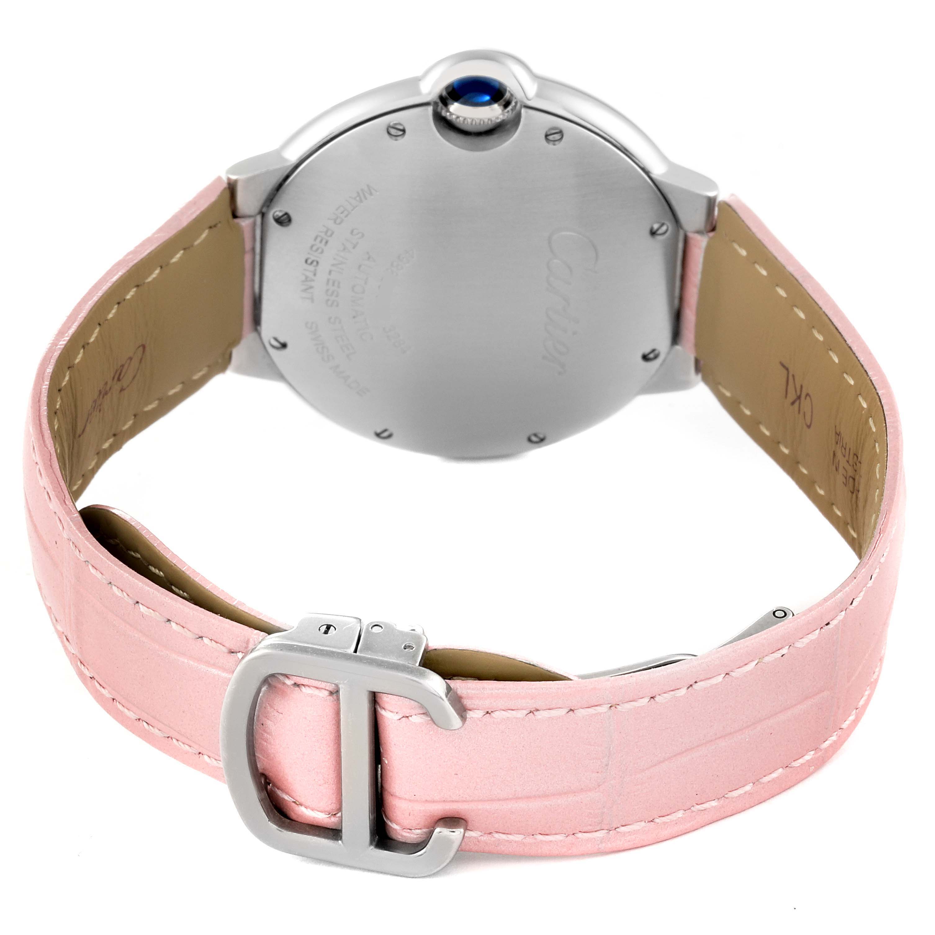 This image shows the back view of a Cartier Ballon Bleu WSBB0007 Women
s Stainless Steel Pink Dial WSBB0007 Women
s Stainless Steel Pink Dial watch along with its pink strap and buckle.
