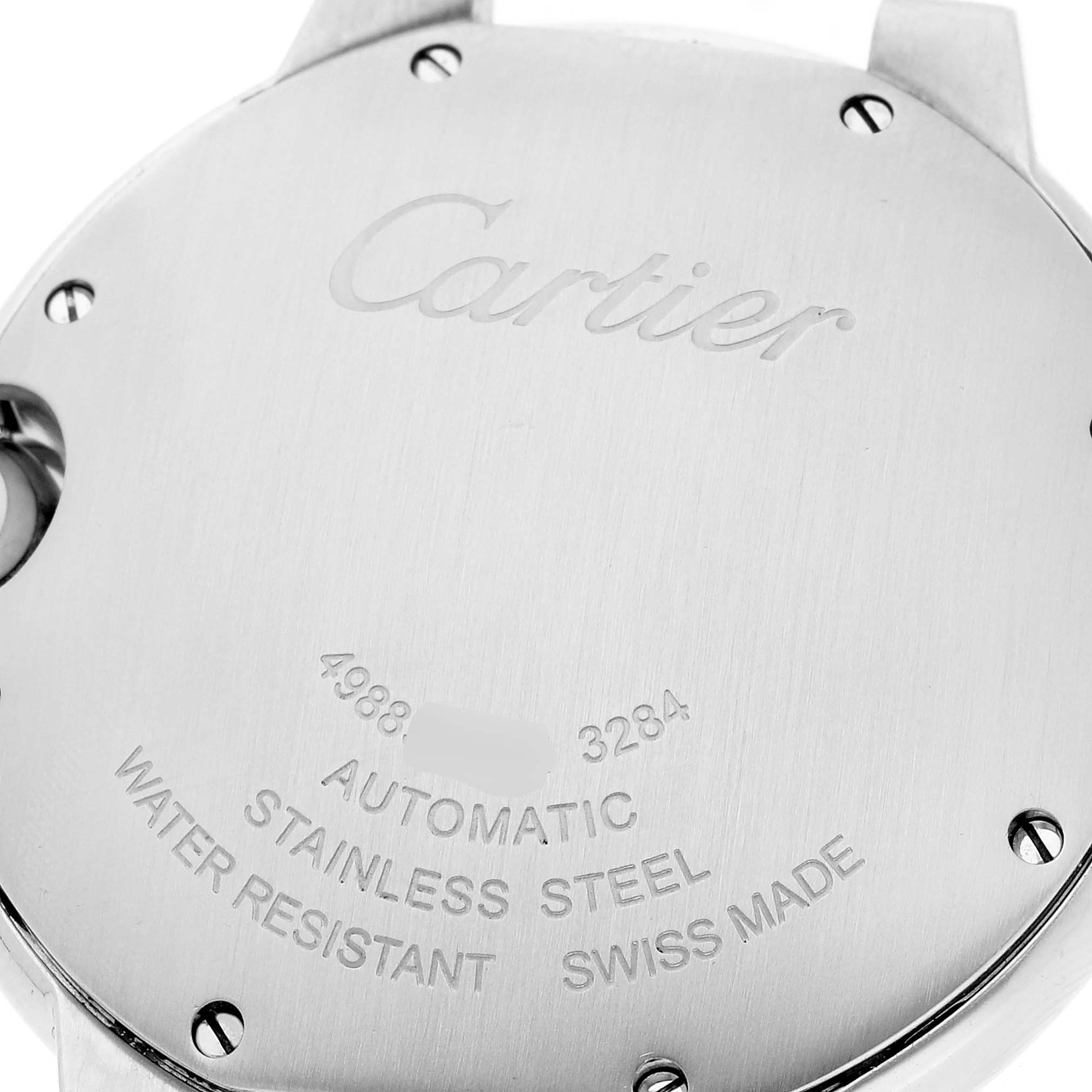 The image shows the back case of a Cartier Ballon Bleu WSBB0007 Women
s Stainless Steel Pink Dial WSBB0007 Women
s Stainless Steel Pink Dial watch, displaying engraved details and brand name.