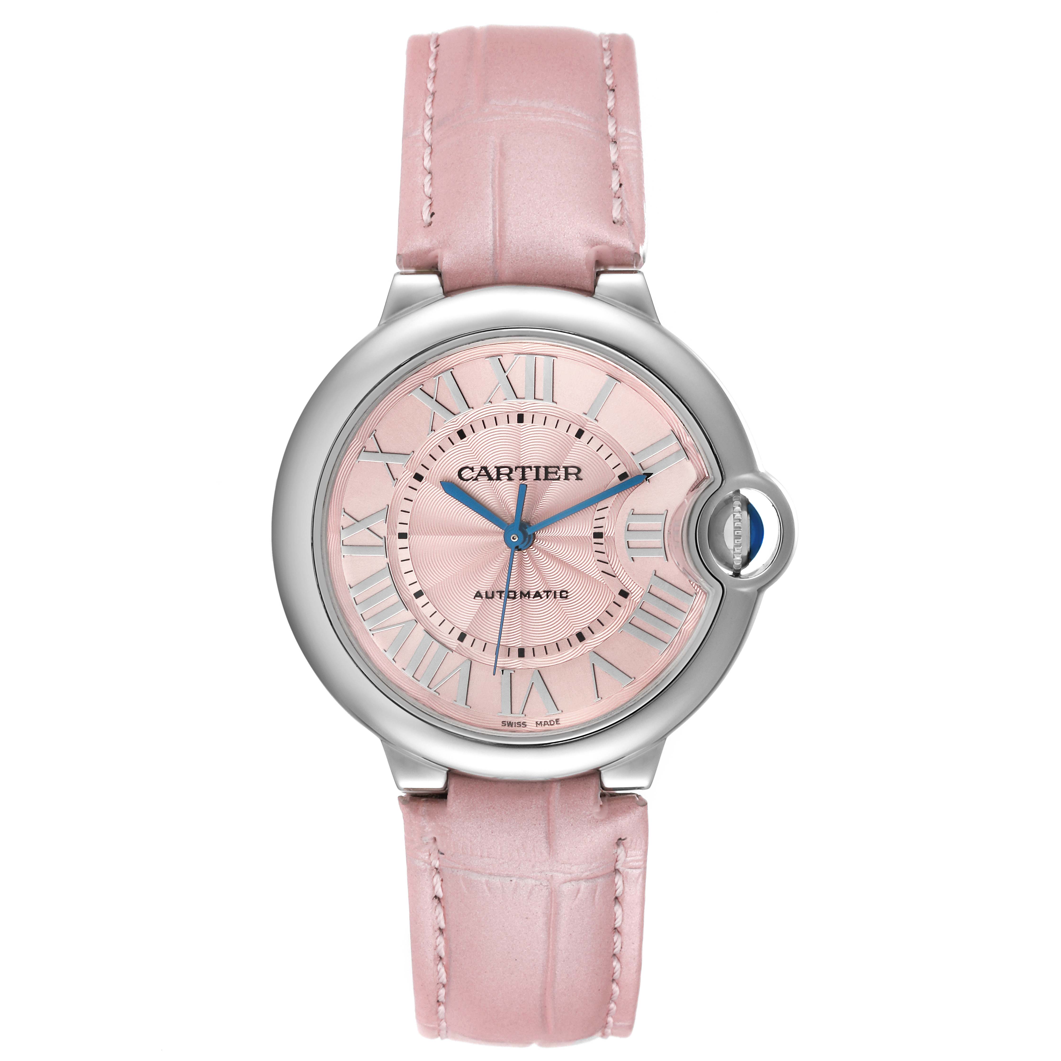 The image shows a front view of a Cartier Ballon Bleu WSBB0007 Women
s Stainless Steel Pink Dial WSBB0007 Women
s Stainless Steel Pink Dial watch with a pink strap and dial.