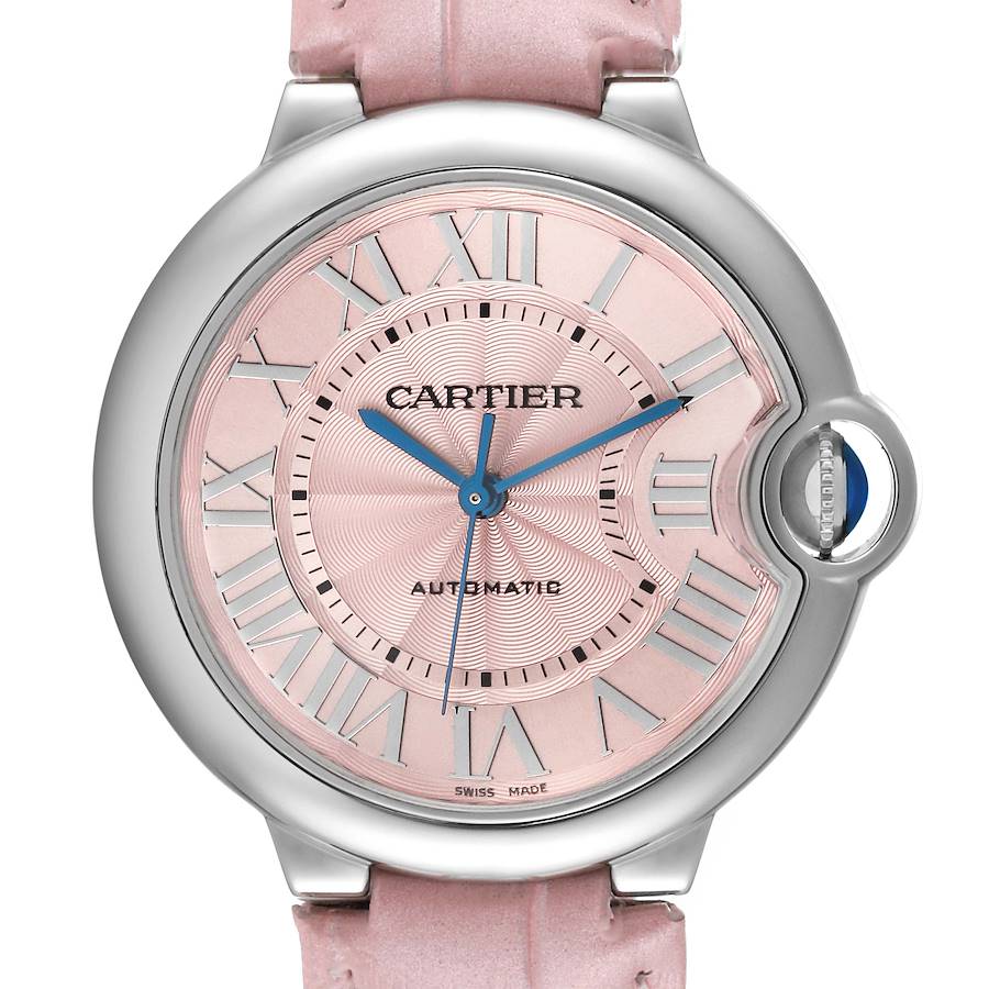 Cartier Ballon Bleu Pink Dial Leather Strap Steel Ladies Watch WSBB0007 Papers SwissWatchExpo
