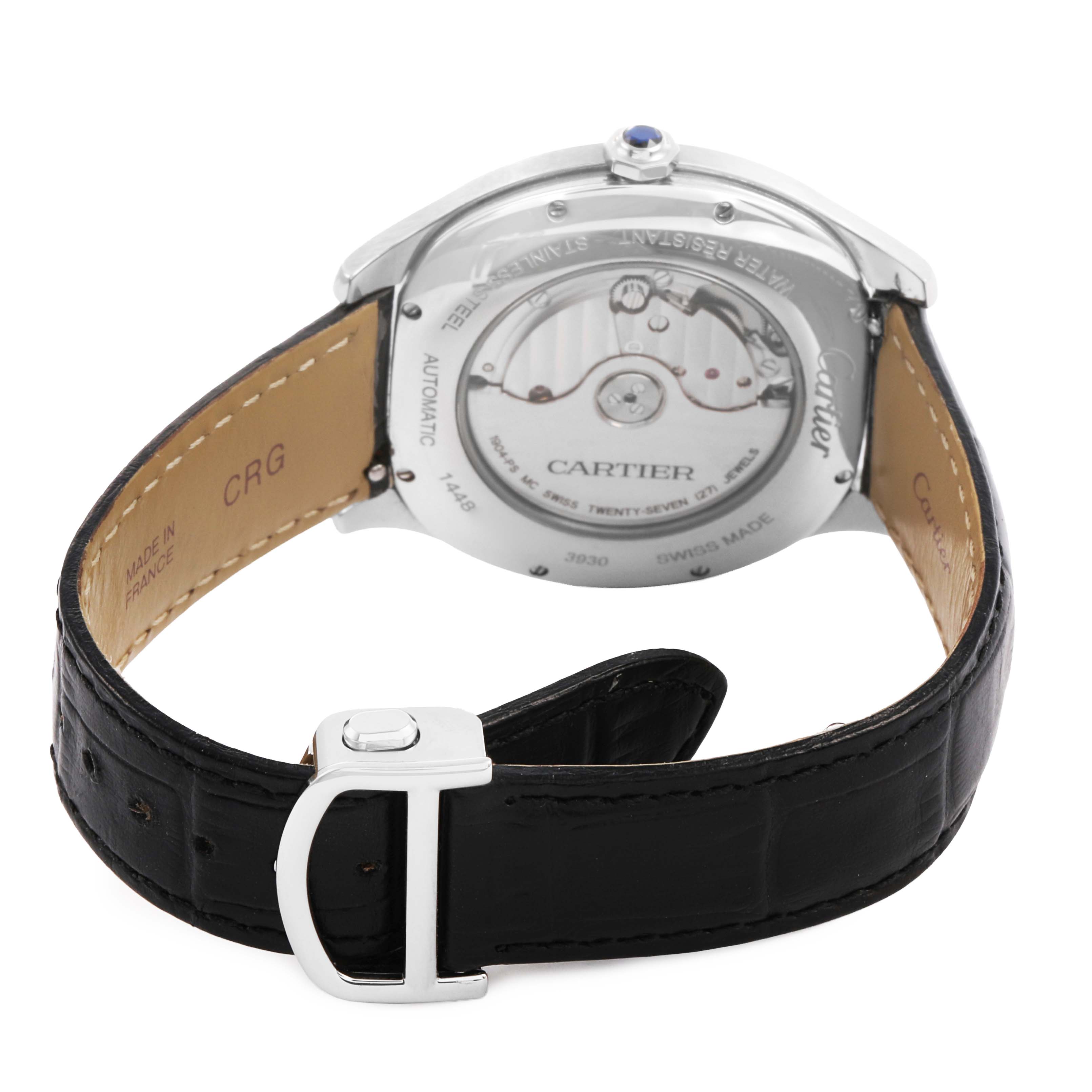 The image shows the back of the Drive de Cartier watch, highlighting the movement, case back, and leather strap.