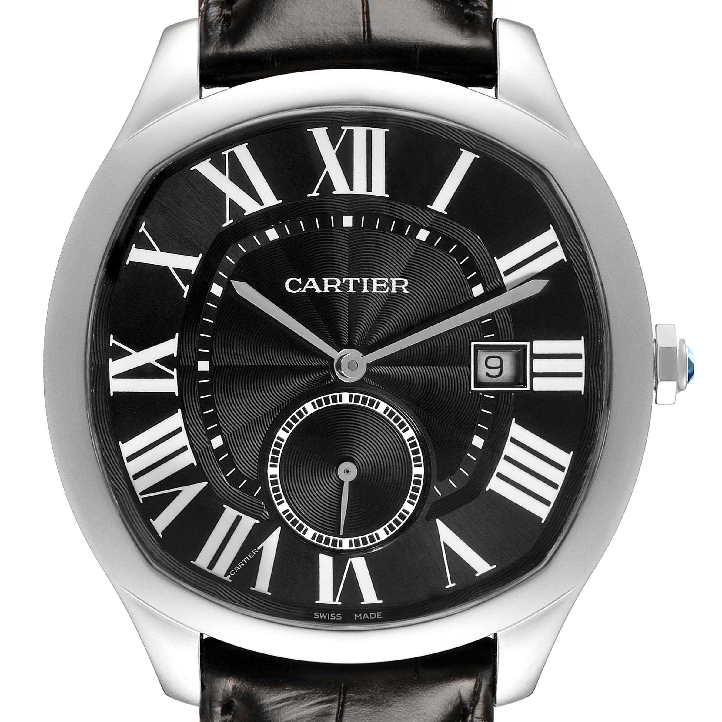 The image shows a frontal view of the Drive de Cartier watch by Cartier, featuring its face, hands, date window, and numerals.