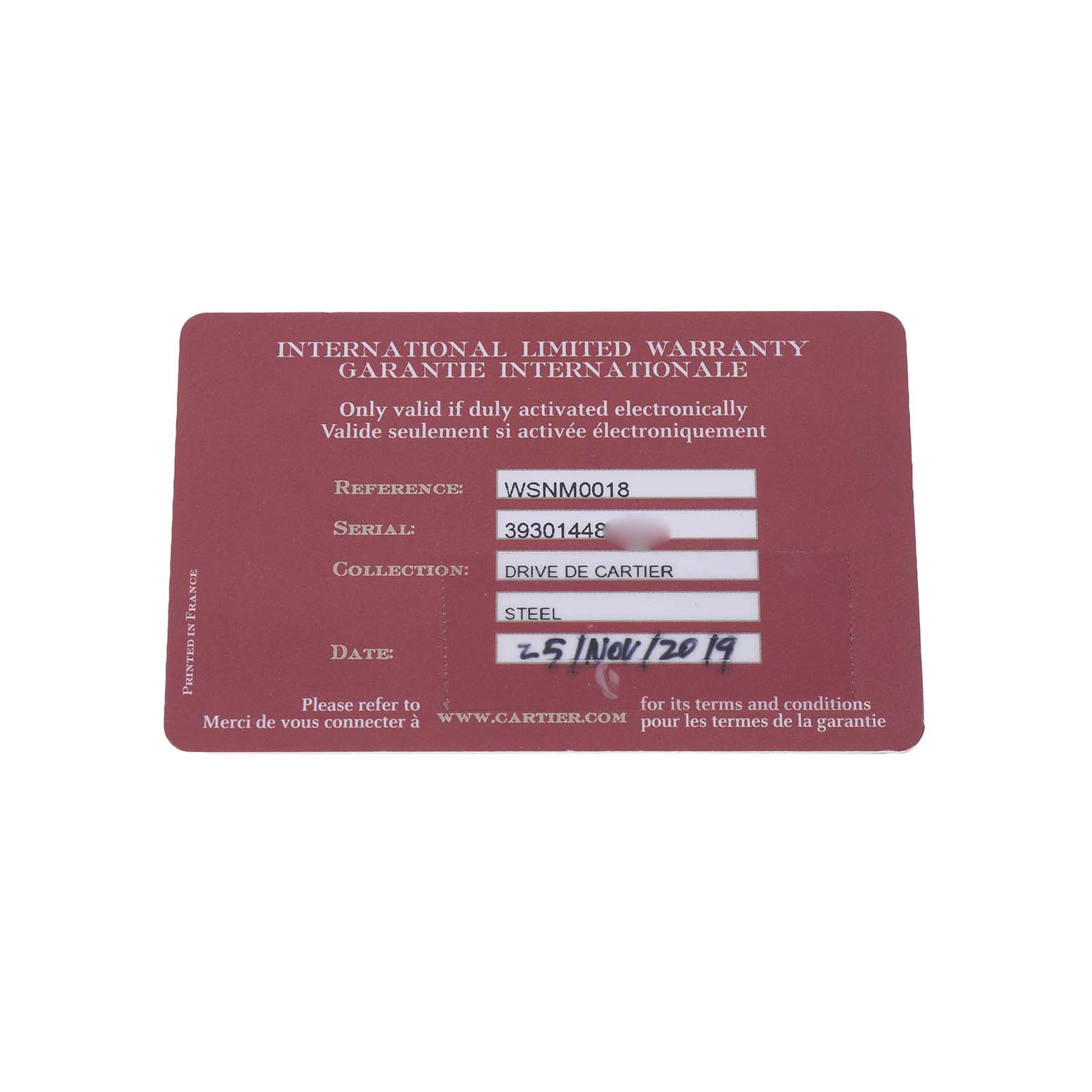 The image shows a flat view of the International Limited Warranty card for the Drive de Cartier watch by Cartier.