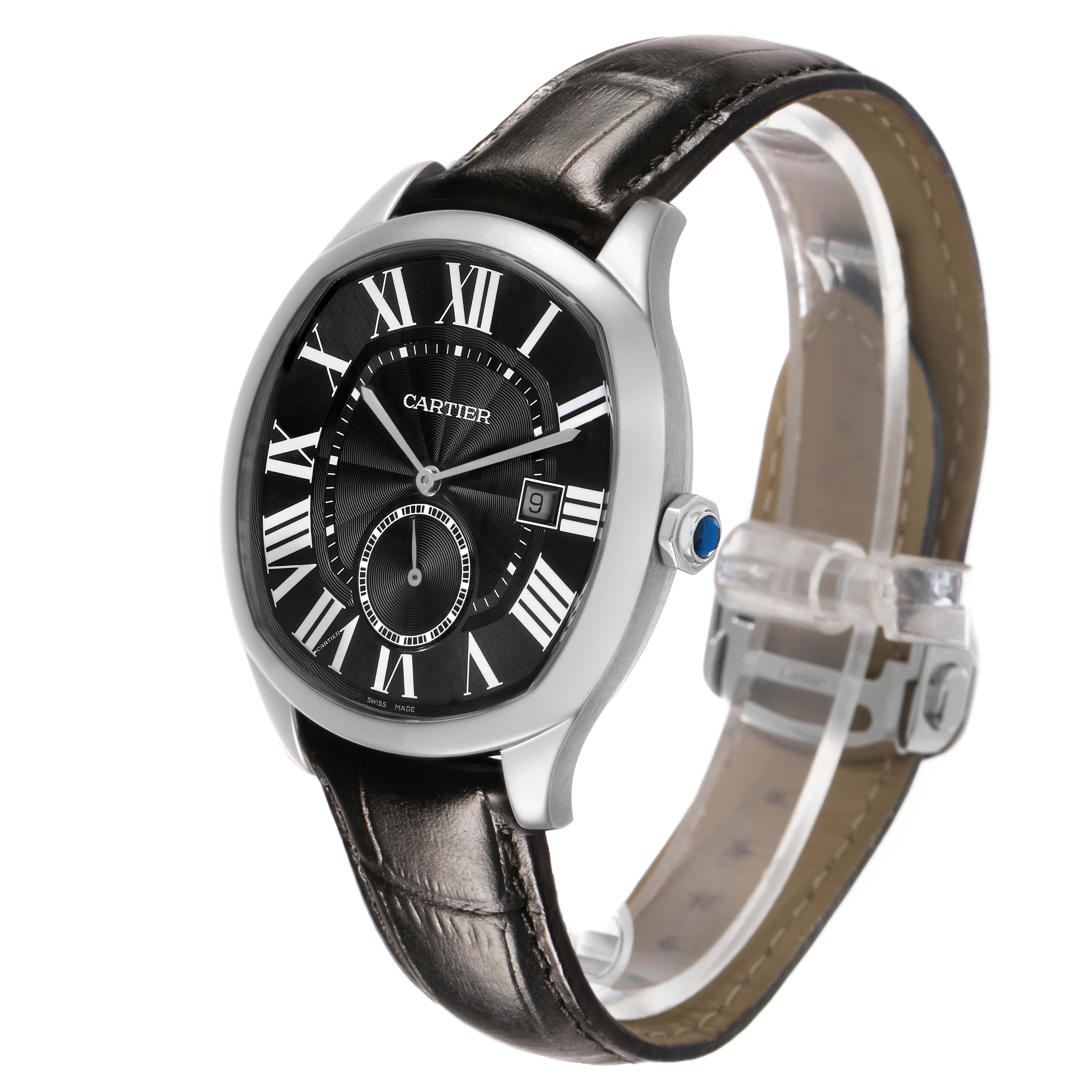 The Drive de Cartier watch is shown at a three-quarter angle, highlighting the face, Roman numerals, and leather strap.