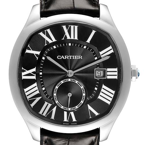 The Drive de Cartier watch is shown from a front angle, displaying its face with Roman numerals and a date window.