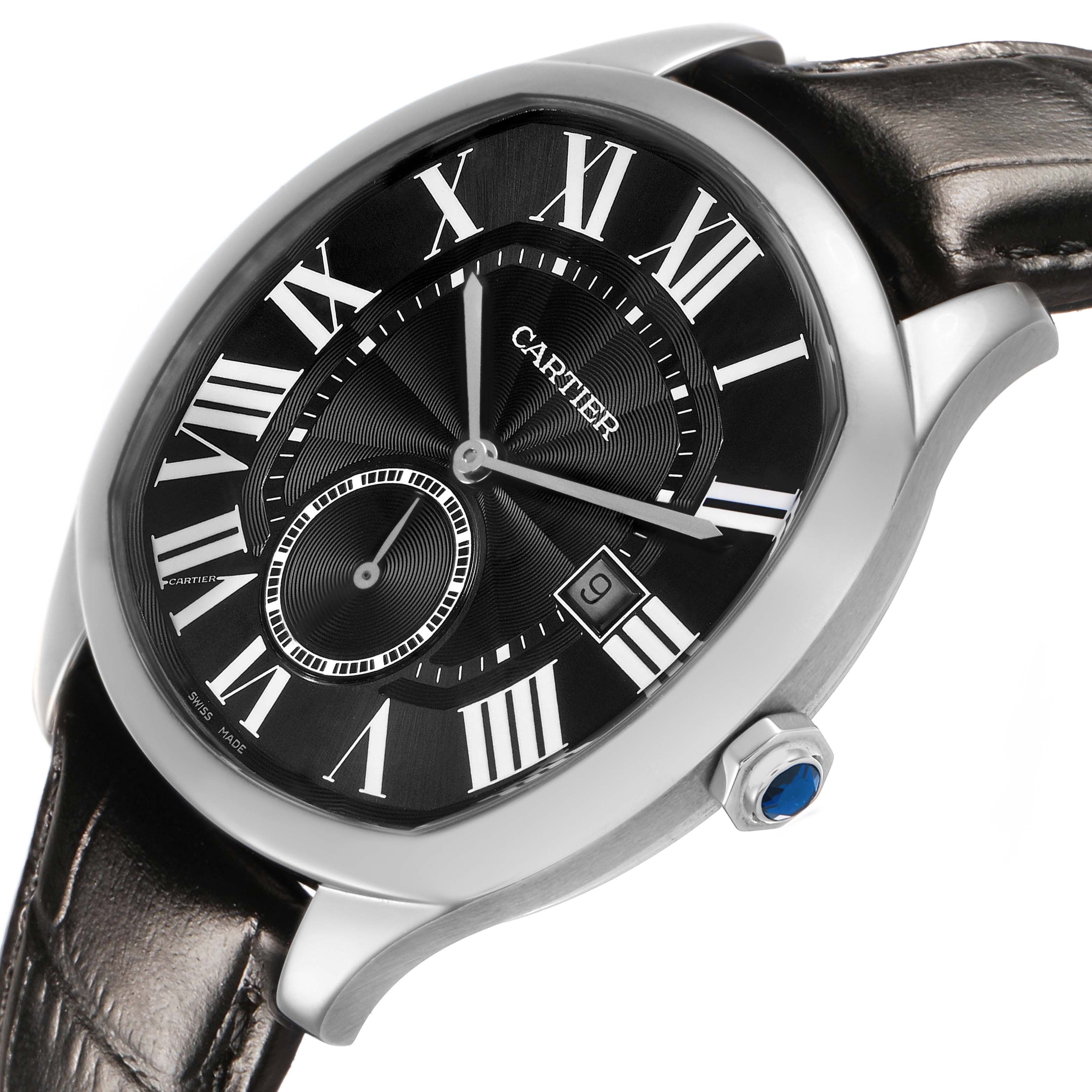 The Drive de Cartier watch is shown at an angled view highlighting the black dial, Roman numerals, and a date window, with a visible crown and leather strap.