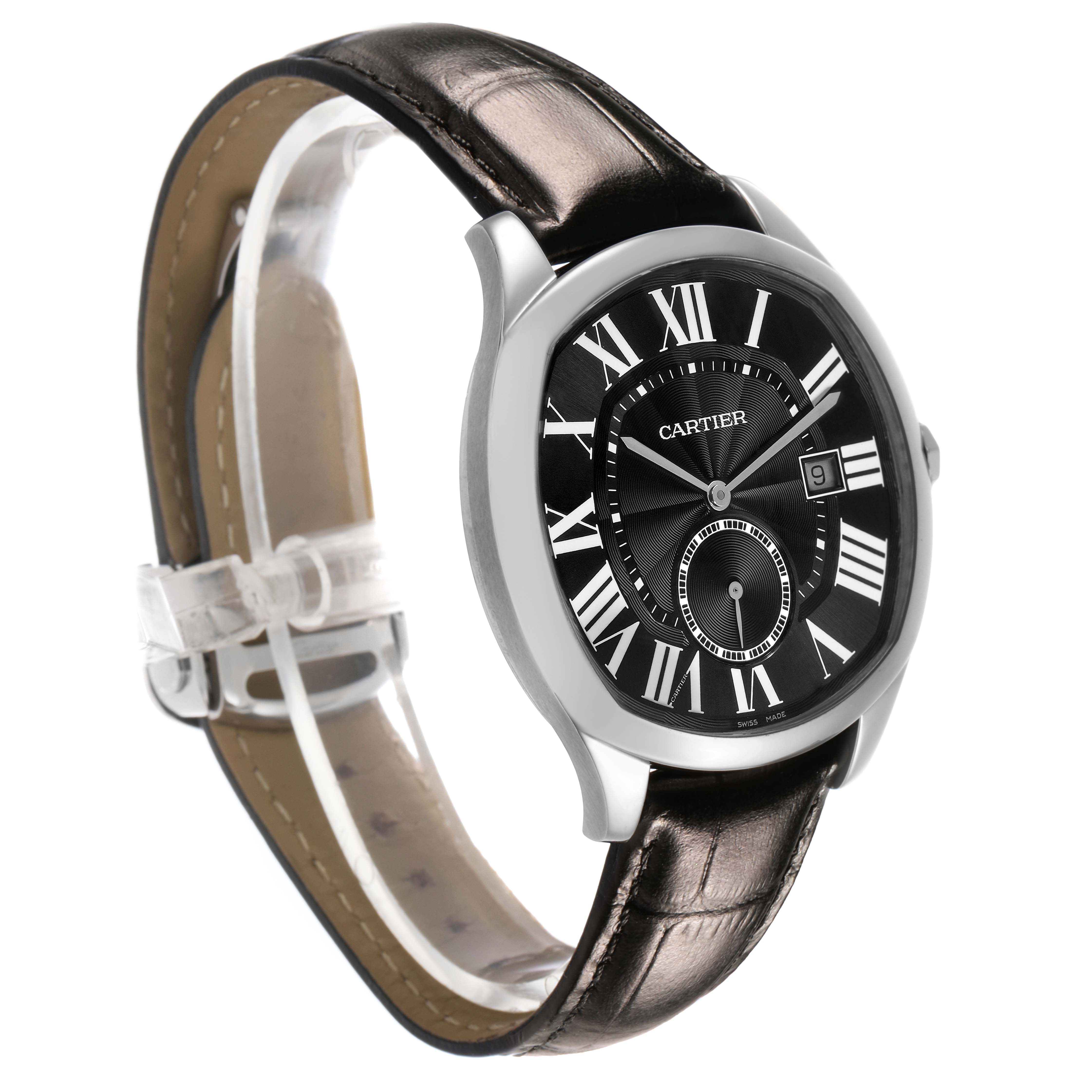The Drive de Cartier watch is shown at a slight three-quarter angle, highlighting the case, dial, and leather strap.