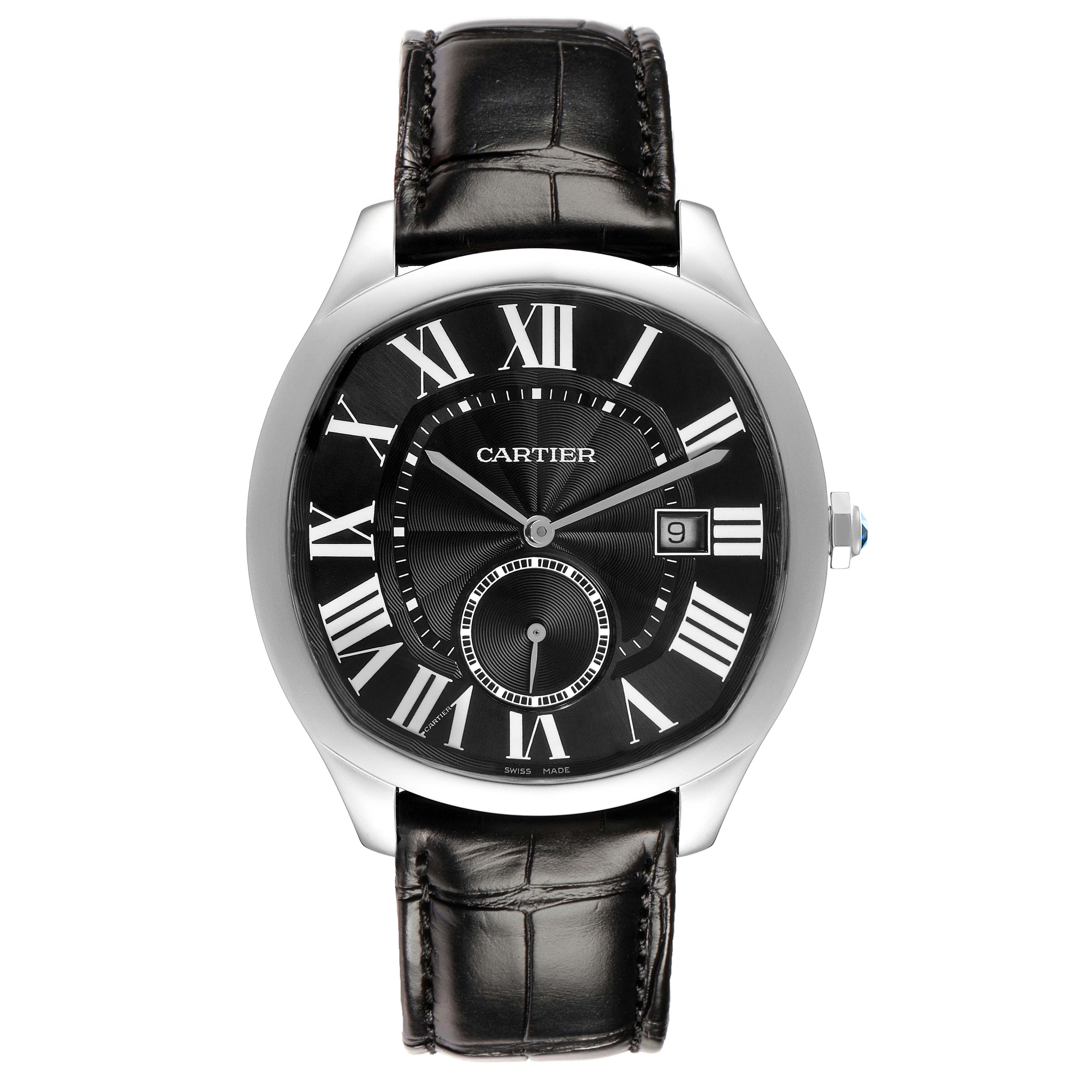 The Drive de Cartier watch is shown from a front angle, displaying the face, Roman numerals, date window, and leather strap.