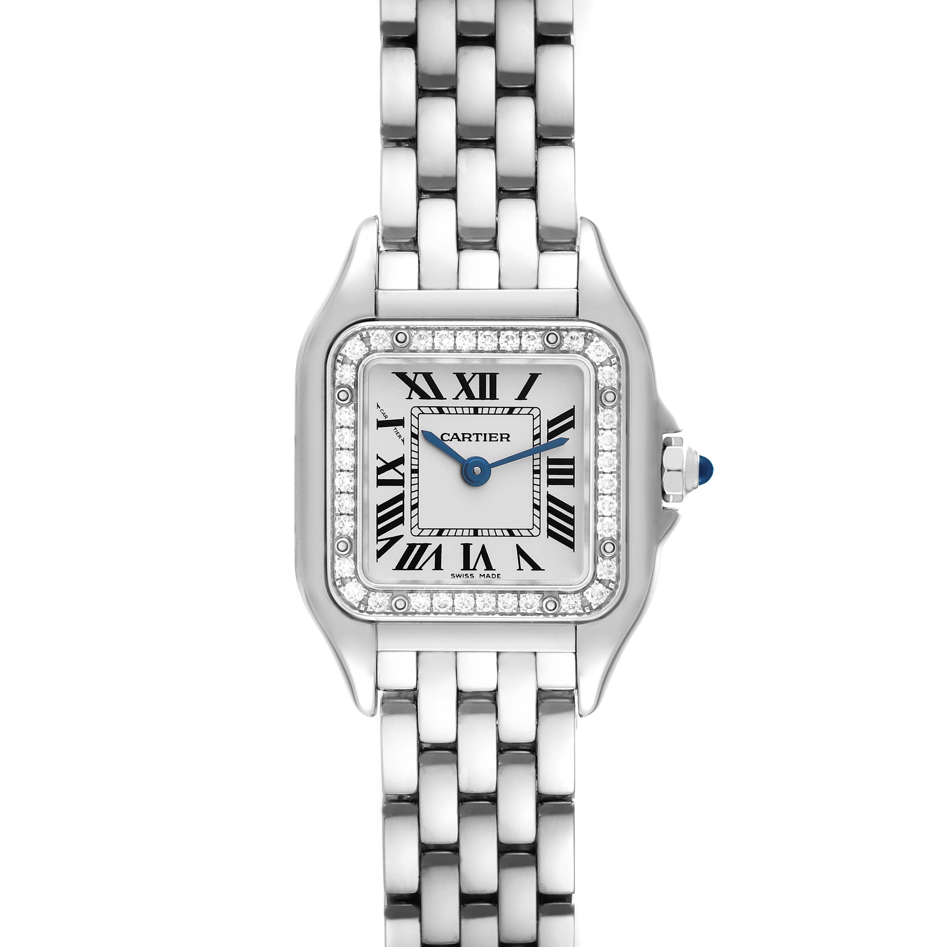 The image shows a front view of the Cartier Panthere W4PN0007 Women
s Stainless Steel Silver Dial W4PN0007 Women
s Stainless Steel Silver Dial watch, highlighting its face, bezel, and part of the bracelet.