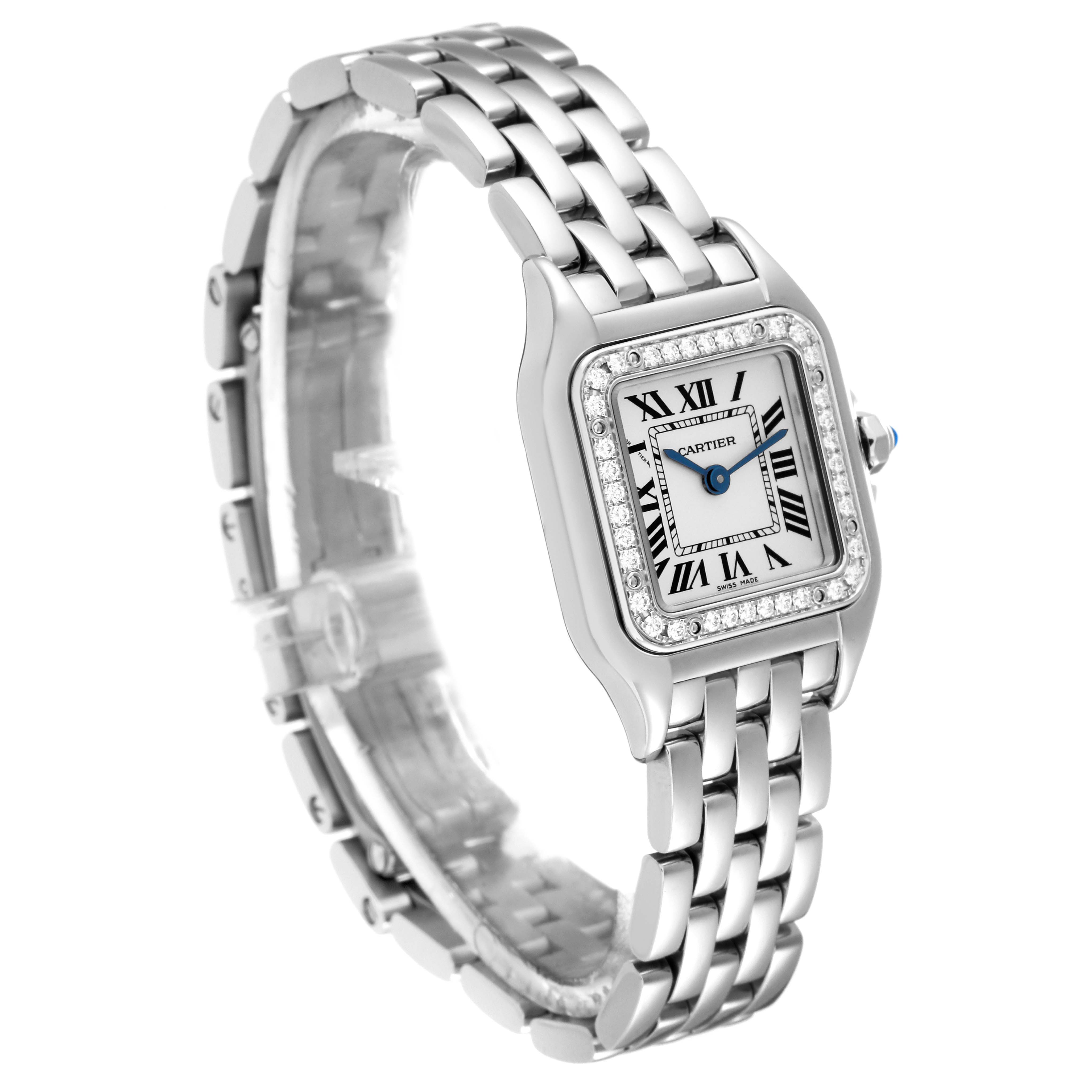 This image shows a Cartier Panthere W4PN0007 Women
s Stainless Steel Silver Dial W4PN0007 Women
s Stainless Steel Silver Dial watch at a slight angle, highlighting the face, bracelet, and diamond-set bezel.