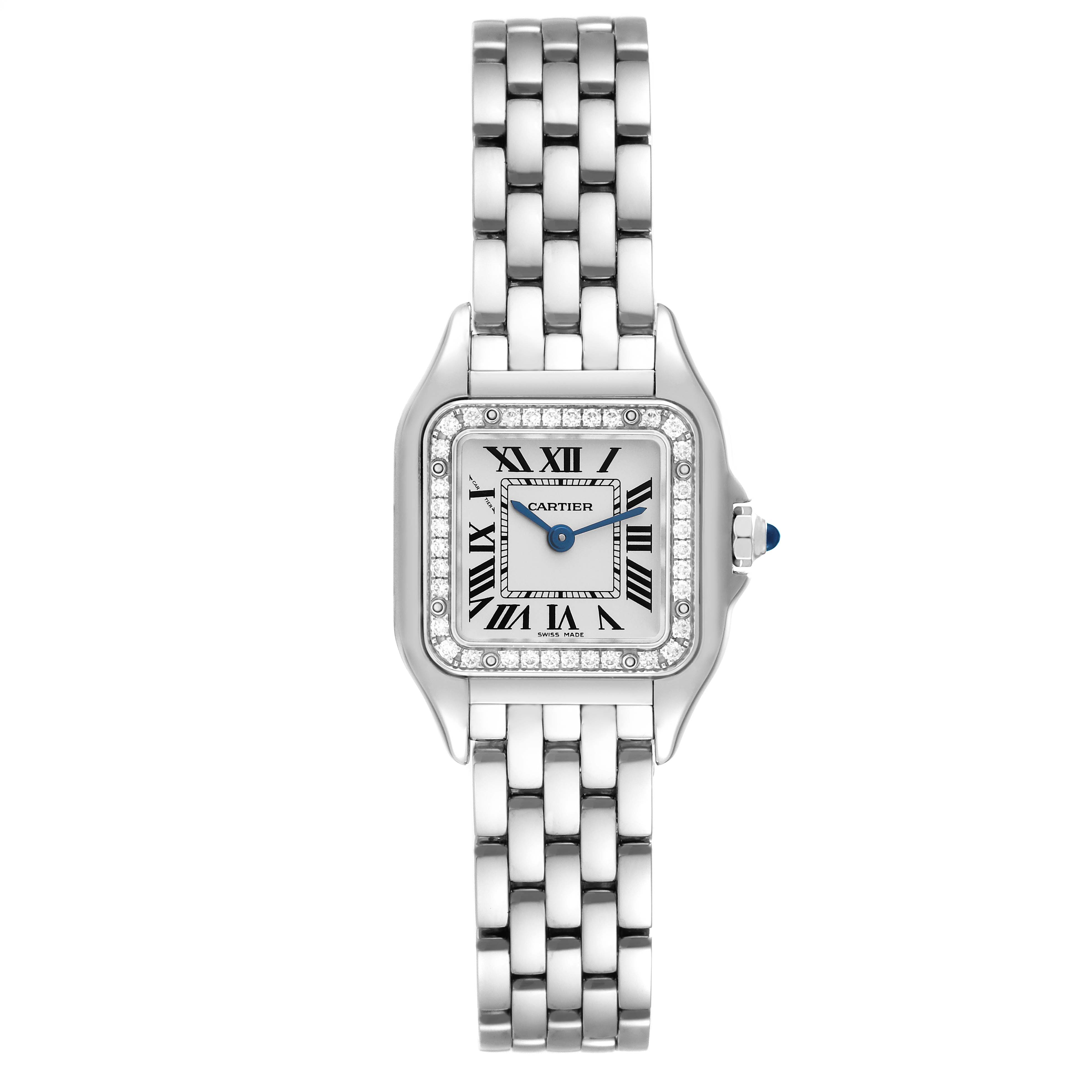 The image shows a front view of the Cartier Panthere W4PN0007 Women
s Stainless Steel Silver Dial W4PN0007 Women
s Stainless Steel Silver Dial model watch, featuring its face, bezel, and metal bracelet.