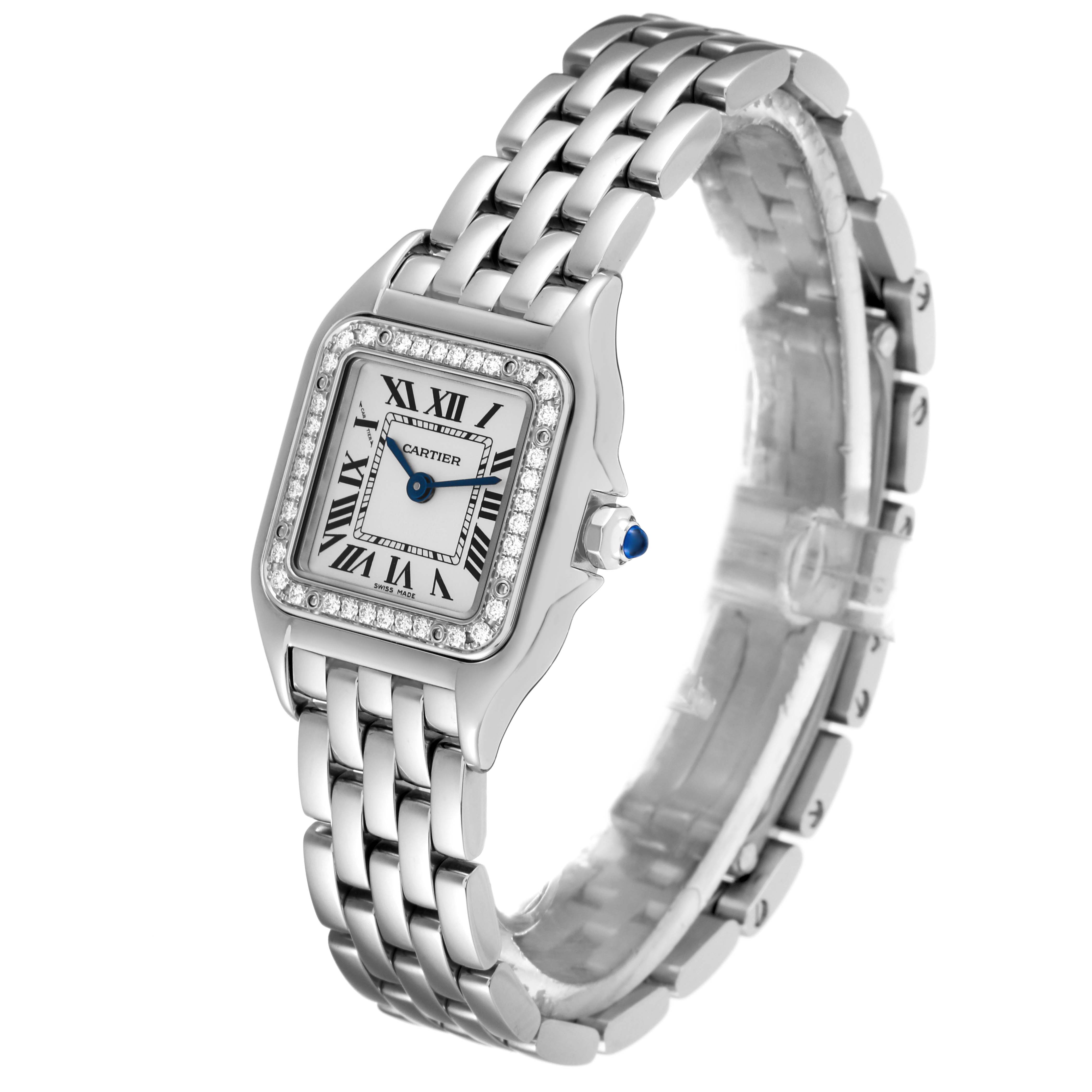 The image shows a Cartier Panthere W4PN0007 Women
s Stainless Steel Silver Dial W4PN0007 Women
s Stainless Steel Silver Dial watch angled slightly to display its face, bezel, crown, and metal bracelet.