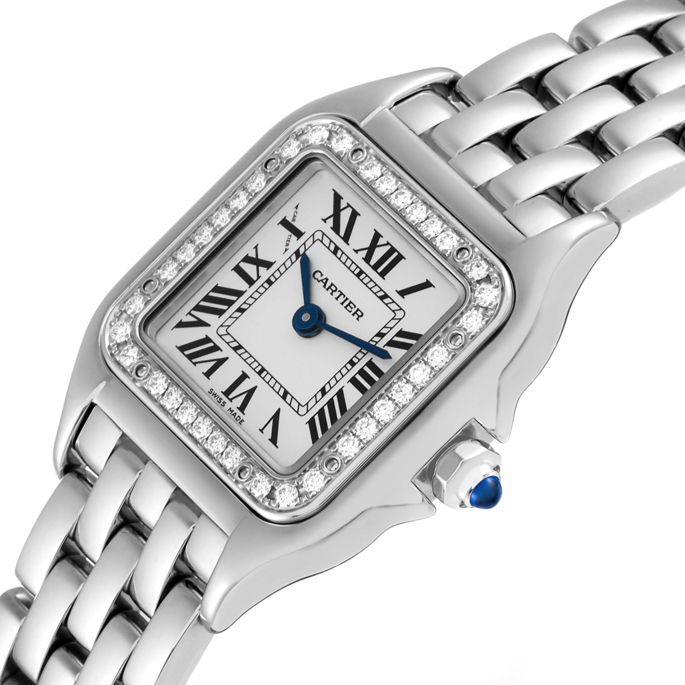 The image shows a close-up of the Cartier Panthere W4PN0007 Women
s Stainless Steel Silver Dial W4PN0007 Women
s Stainless Steel Silver Dial watch, highlighting its face, diamond bezel, and part of the bracelet.
