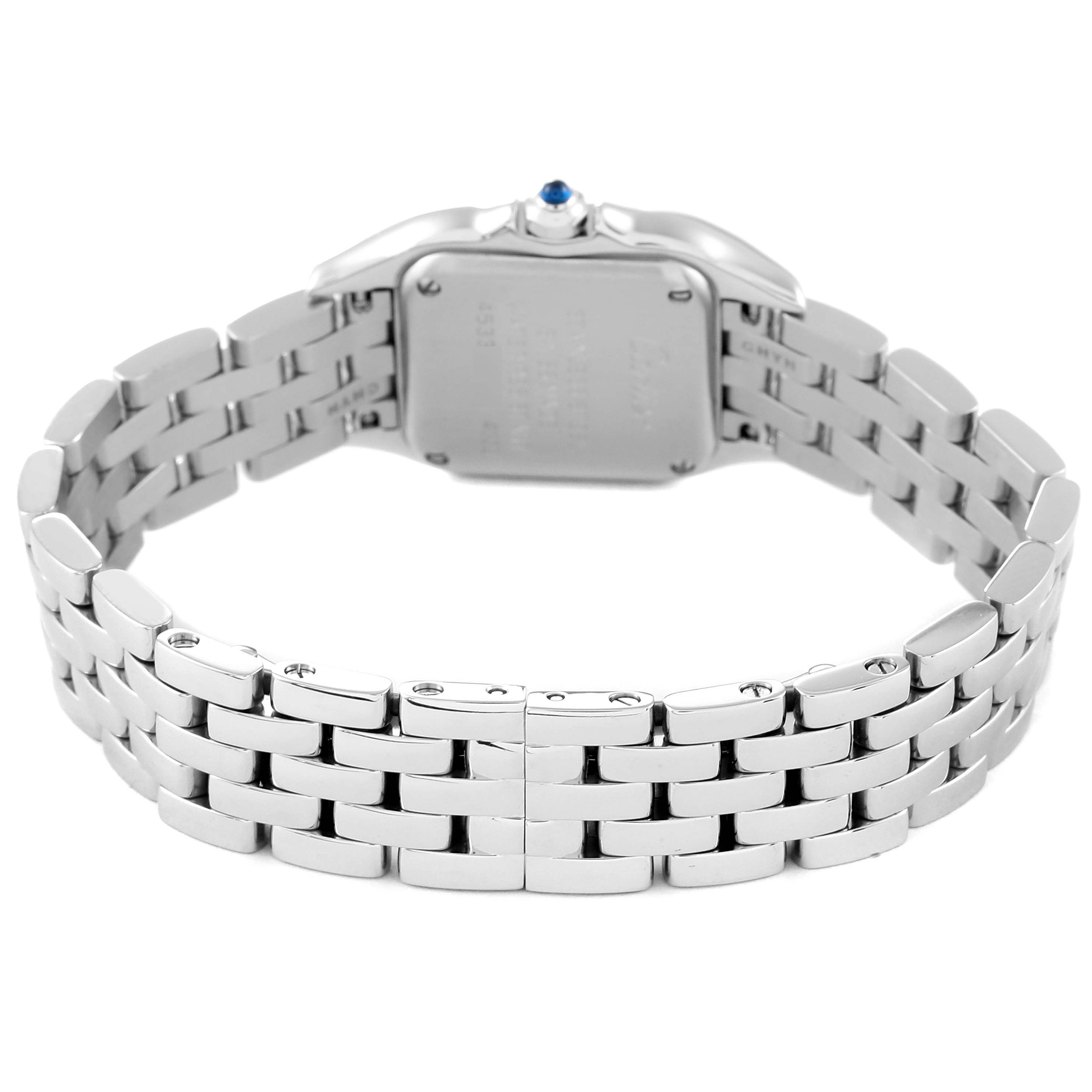 The image shows the back and bracelet of the Cartier Panthere W4PN0007 Women
s Stainless Steel Silver Dial W4PN0007 Women
s Stainless Steel Silver Dial watch from a rear angle.