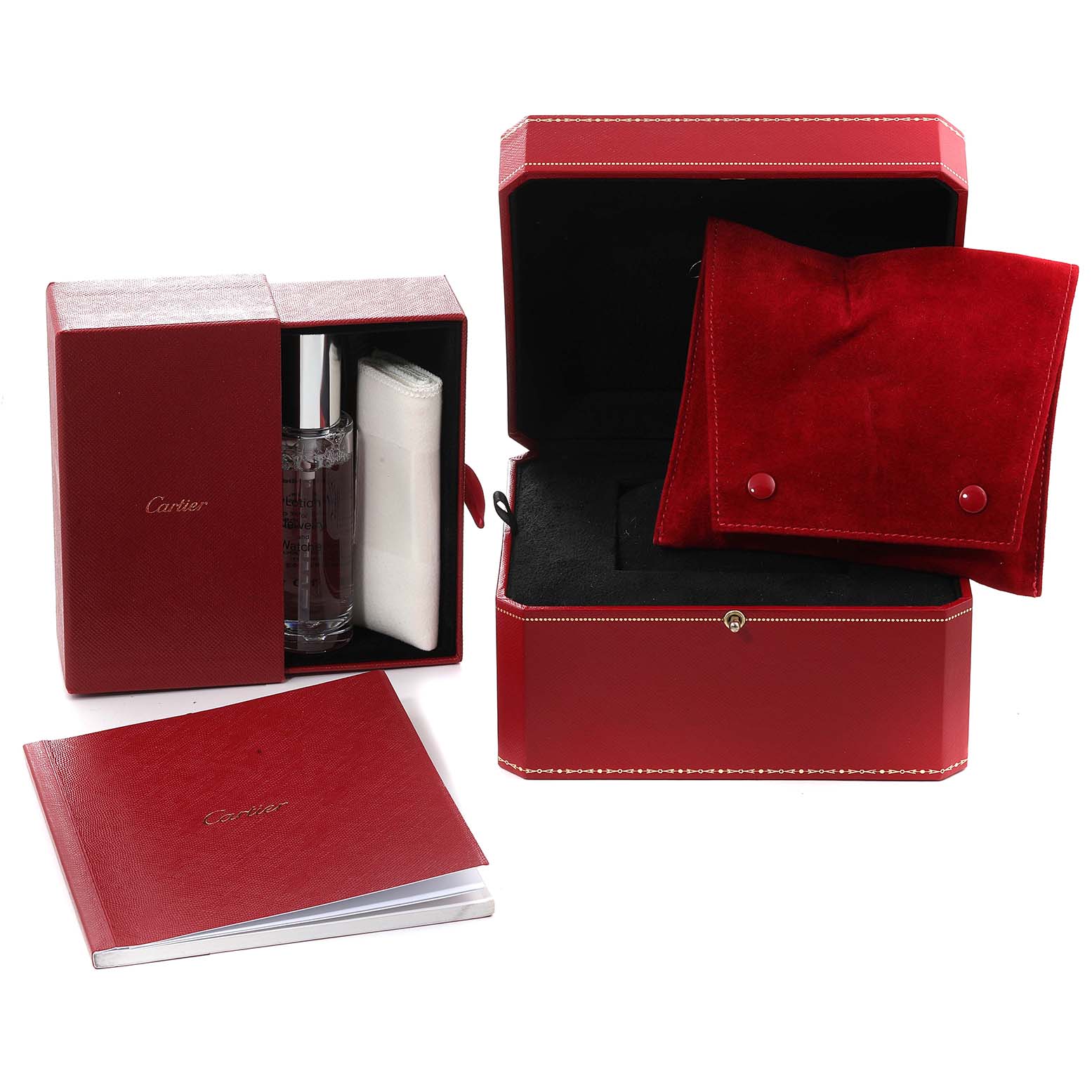 The image shows a Cartier Panthère watch set, including a red box, a cleaning kit, a red pouch, and a booklet.