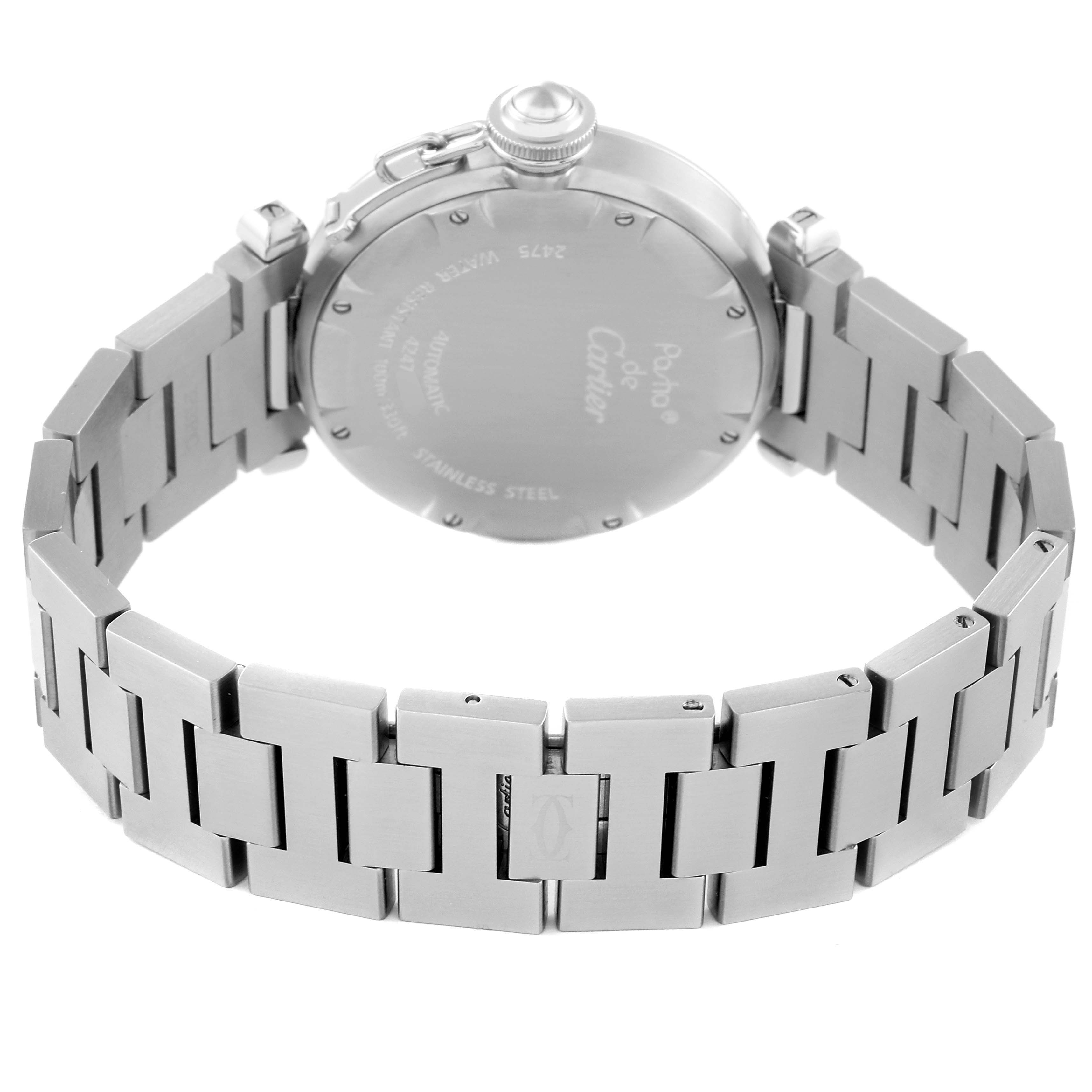 The image shows the back view of a Cartier Pasha W31044M7 Men's Stainless Steel White Dial W31044M7 Men's Stainless Steel White Dial watch, focusing on the stainless steel case and bracelet.