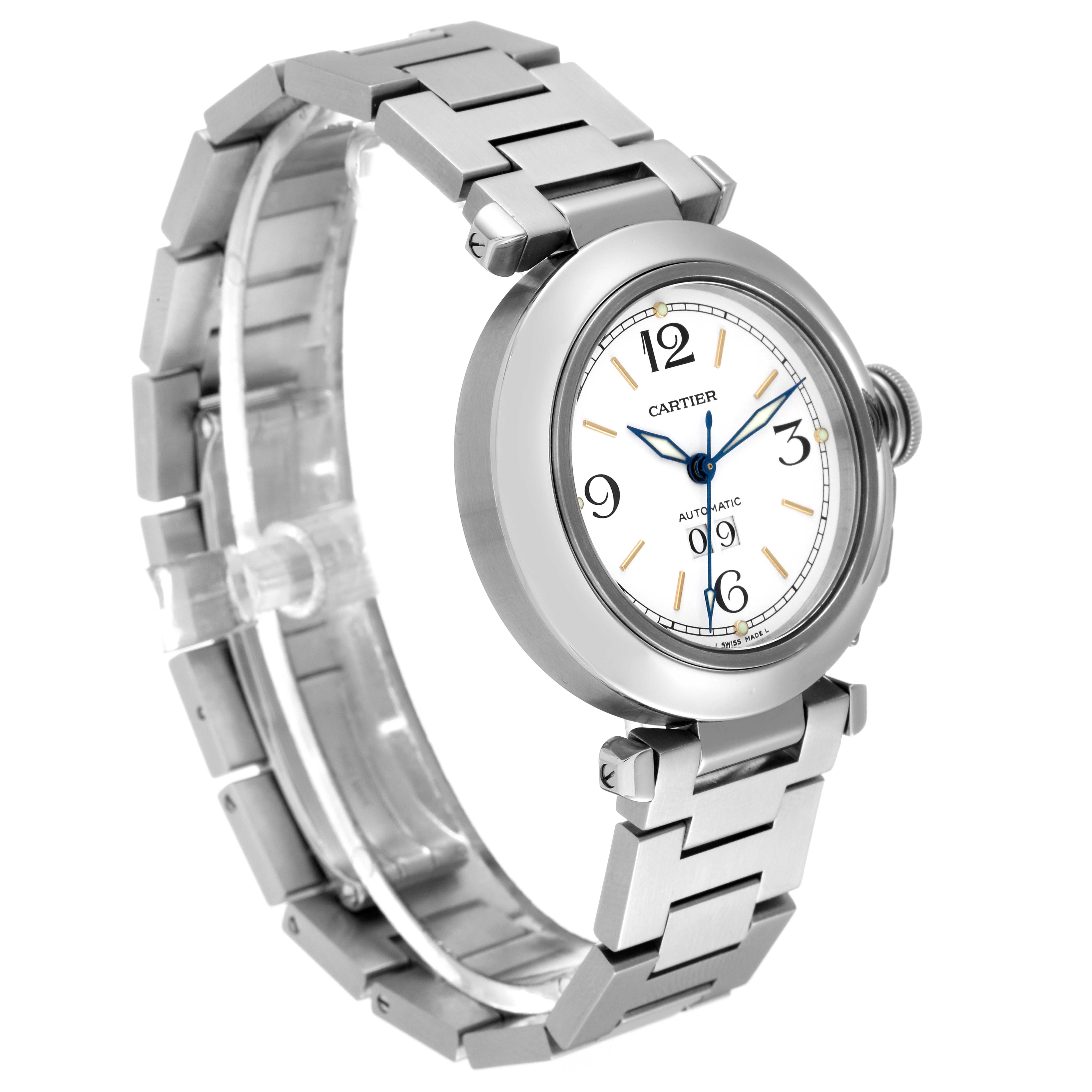 The image shows a Cartier Pasha W31044M7 Men's Stainless Steel White Dial W31044M7 Men's Stainless Steel White Dial watch at a slight side angle, highlighting the face, bracelet, and crown.