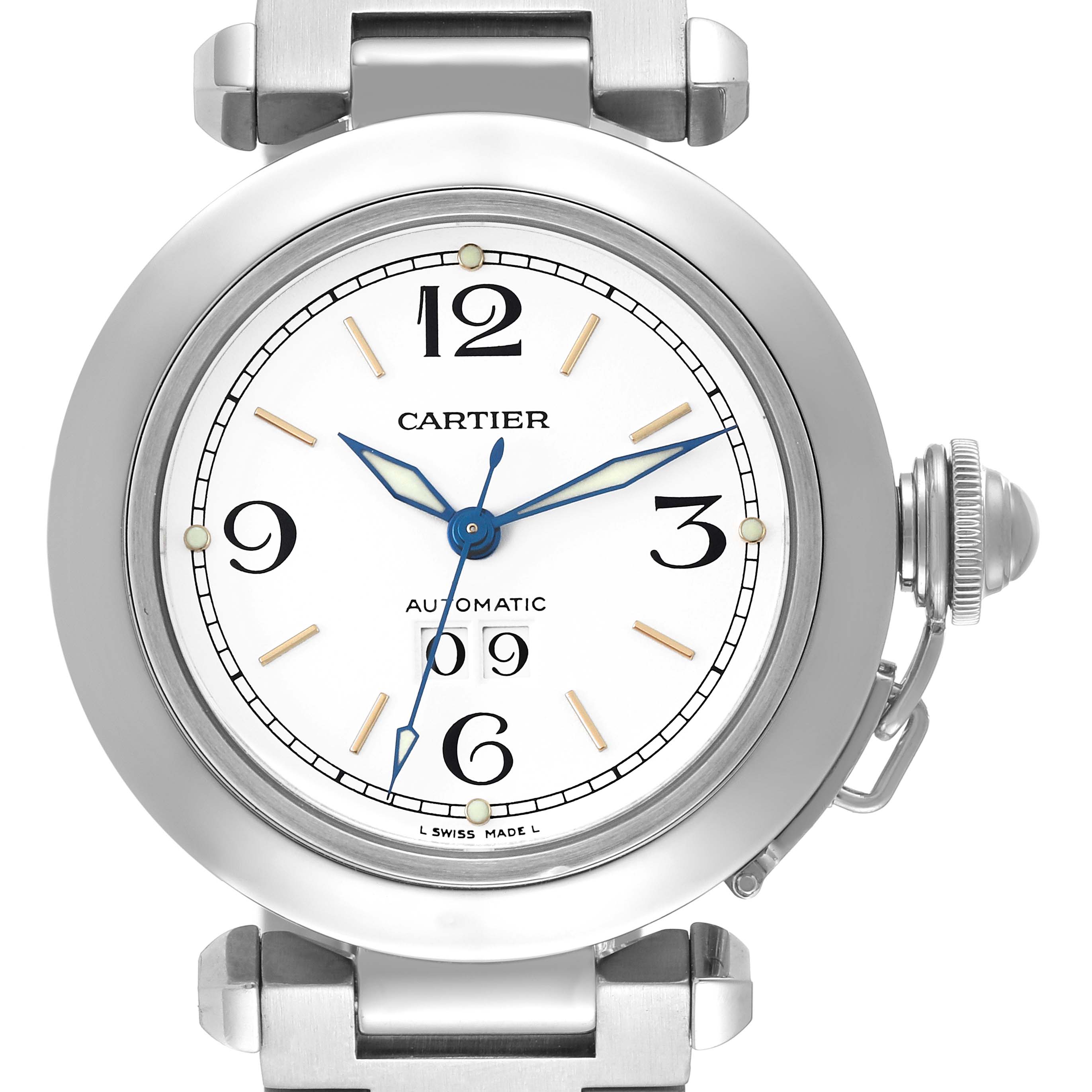 The image shows a front view of the Cartier Pasha W31044M7 Men's Stainless Steel White Dial W31044M7 Men's Stainless Steel White Dial watch, highlighting its face, bezel, crown guard, and part of the bracelet.