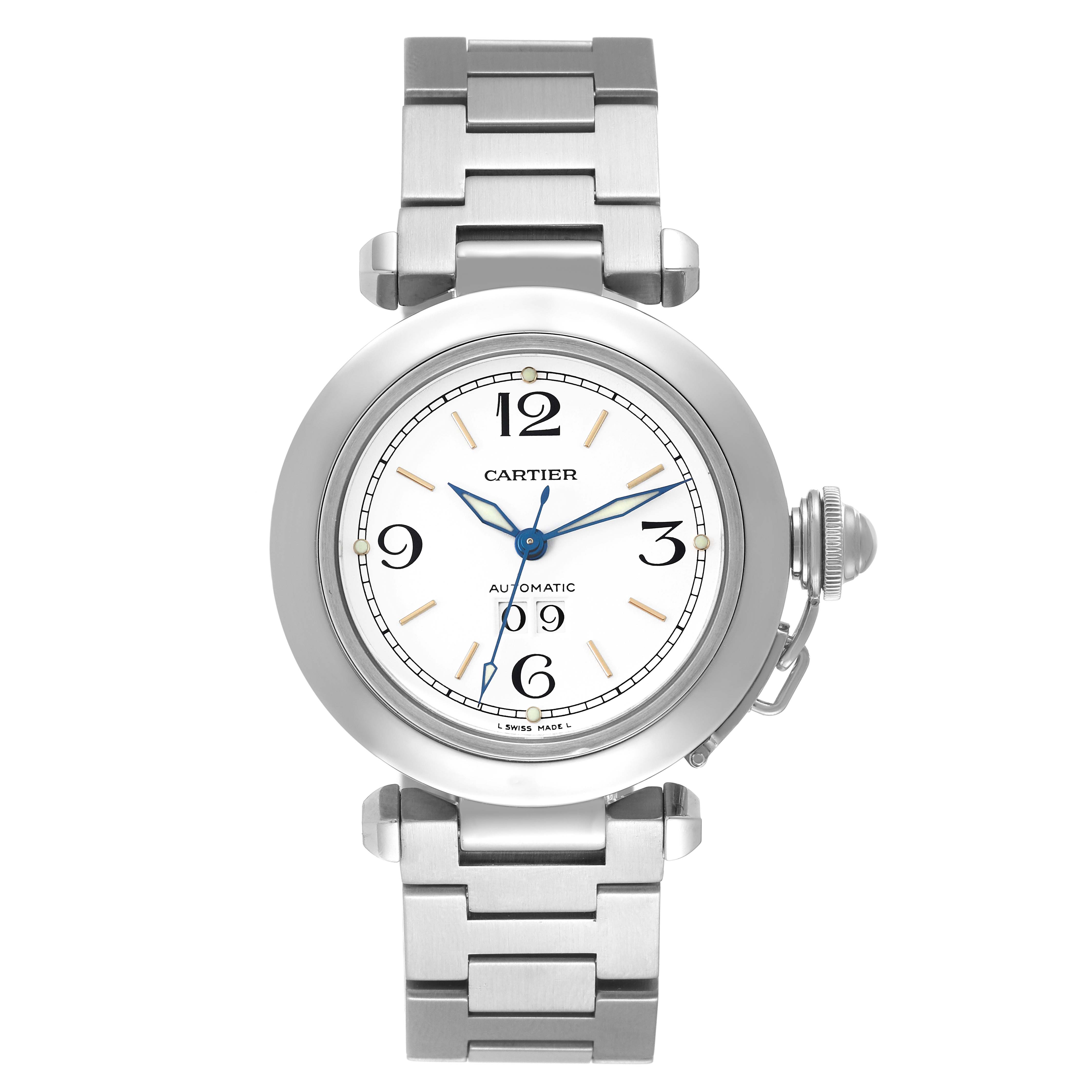 The image shows a front view of the Cartier Pasha W31044M7 Men's Stainless Steel White Dial W31044M7 Men's Stainless Steel White Dial watch, displaying its circular dial, bracelet, and crown.