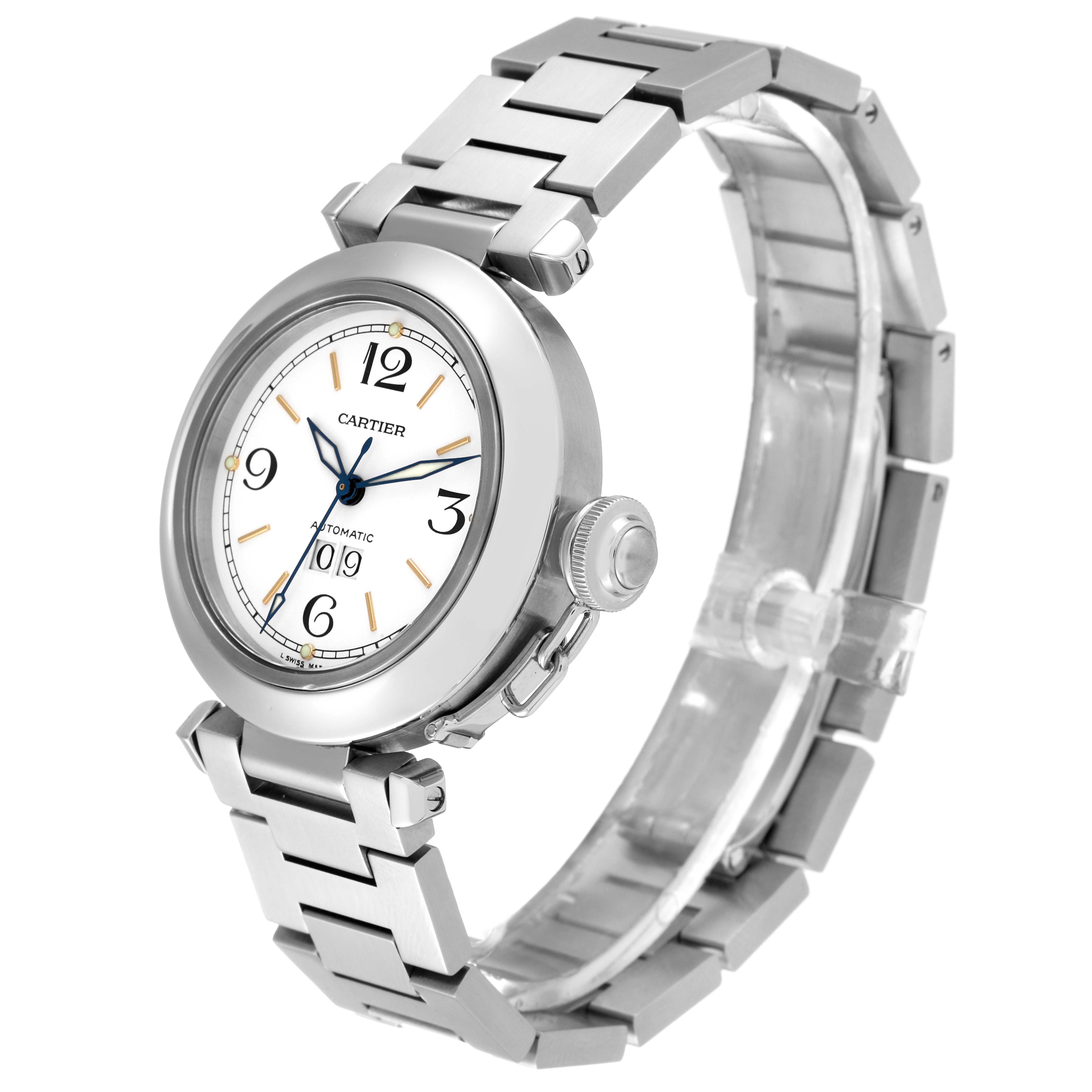 The Cartier Pasha W31044M7 Men's Stainless Steel White Dial W31044M7 Men's Stainless Steel White Dial watch is shown from an angle highlighting the face, crown, and bracelet.