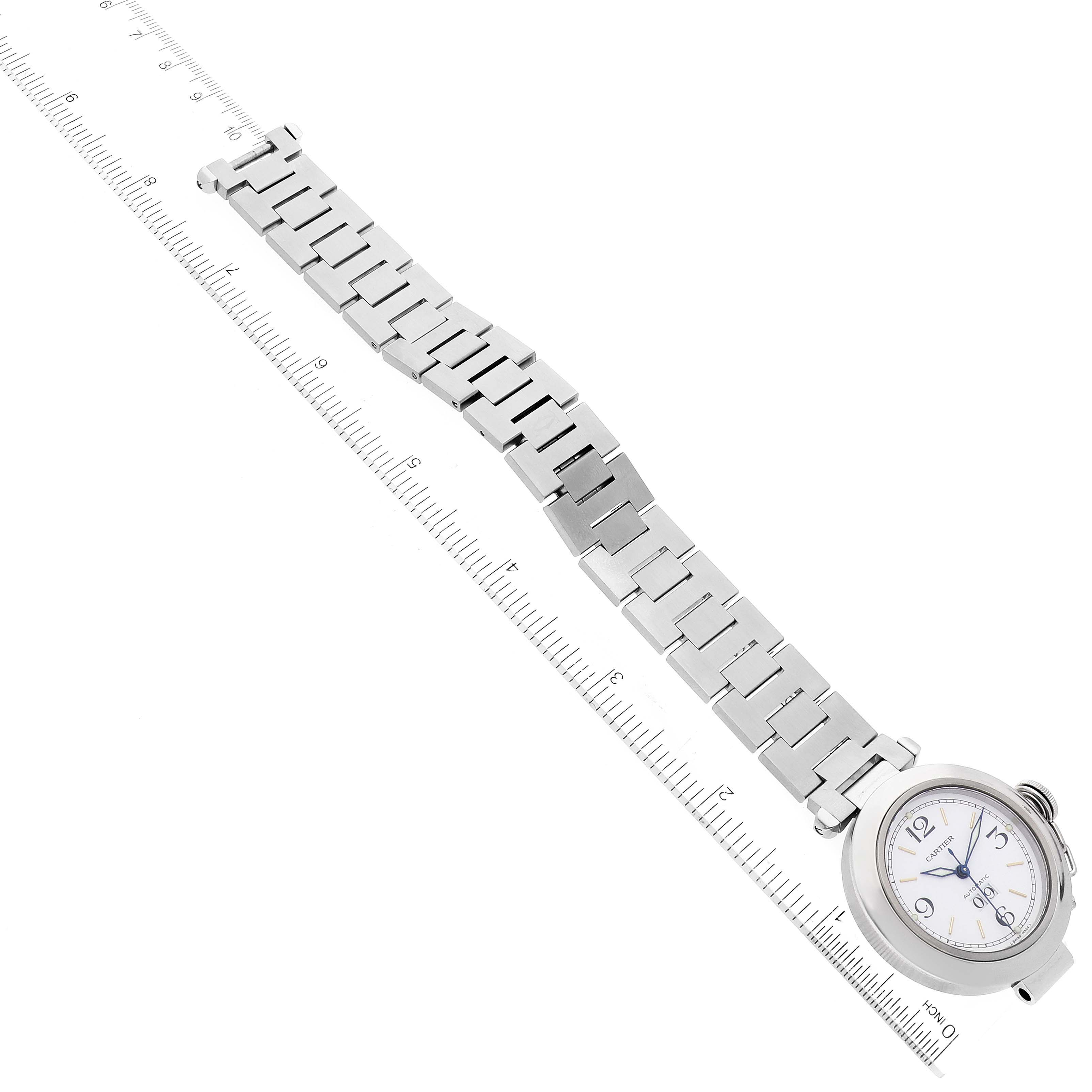 The image shows the Cartier Pasha W31044M7 Men's Stainless Steel White Dial W31044M7 Men's Stainless Steel White Dial watch laid flat with a view of the face and the entire metal bracelet.