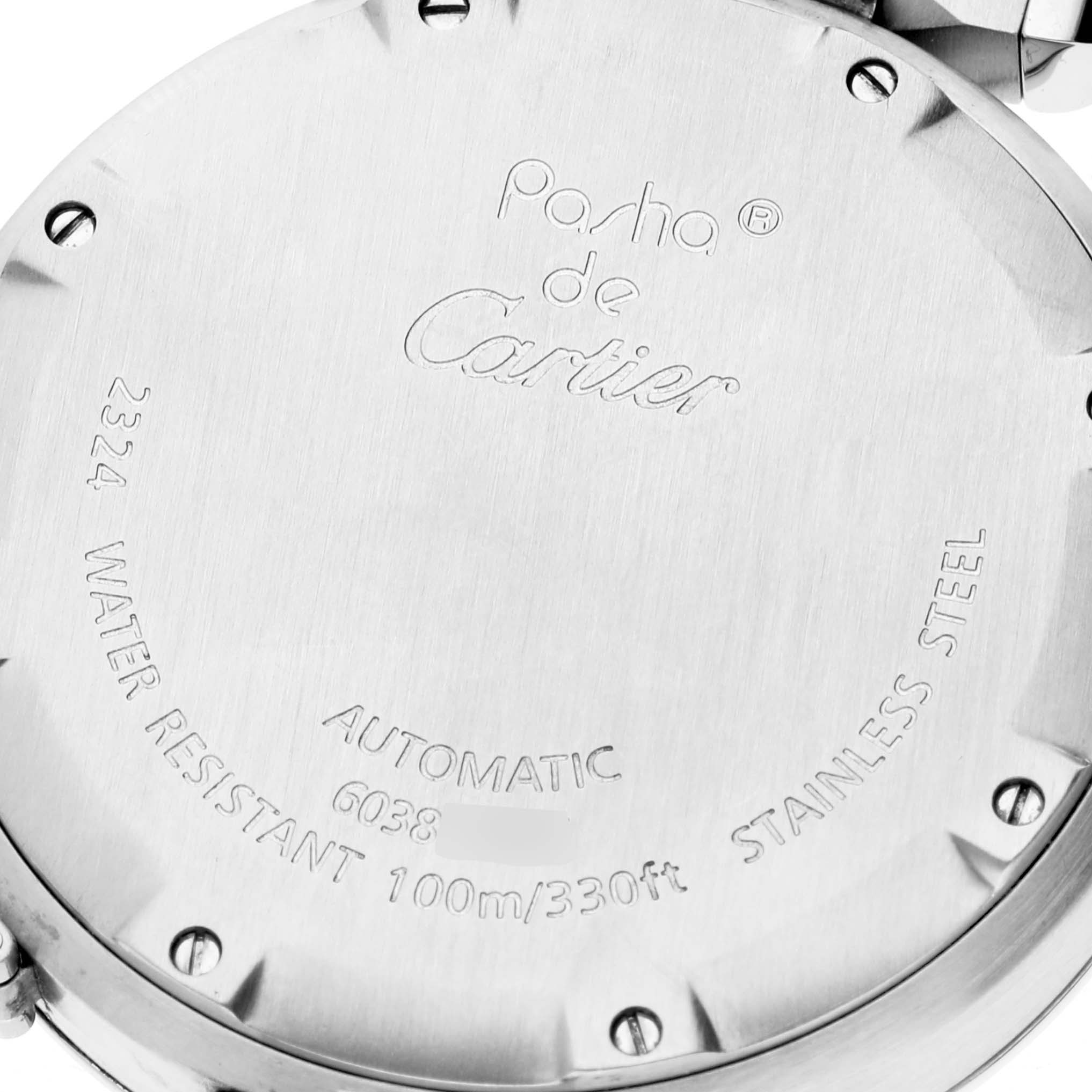 The image shows the back case of a Cartier Pasha W31075M7 Women's Stainless Steel Pink Dial W31075M7 Women's Stainless Steel Pink Dial watch, detailing its specifications and brand engraving.
