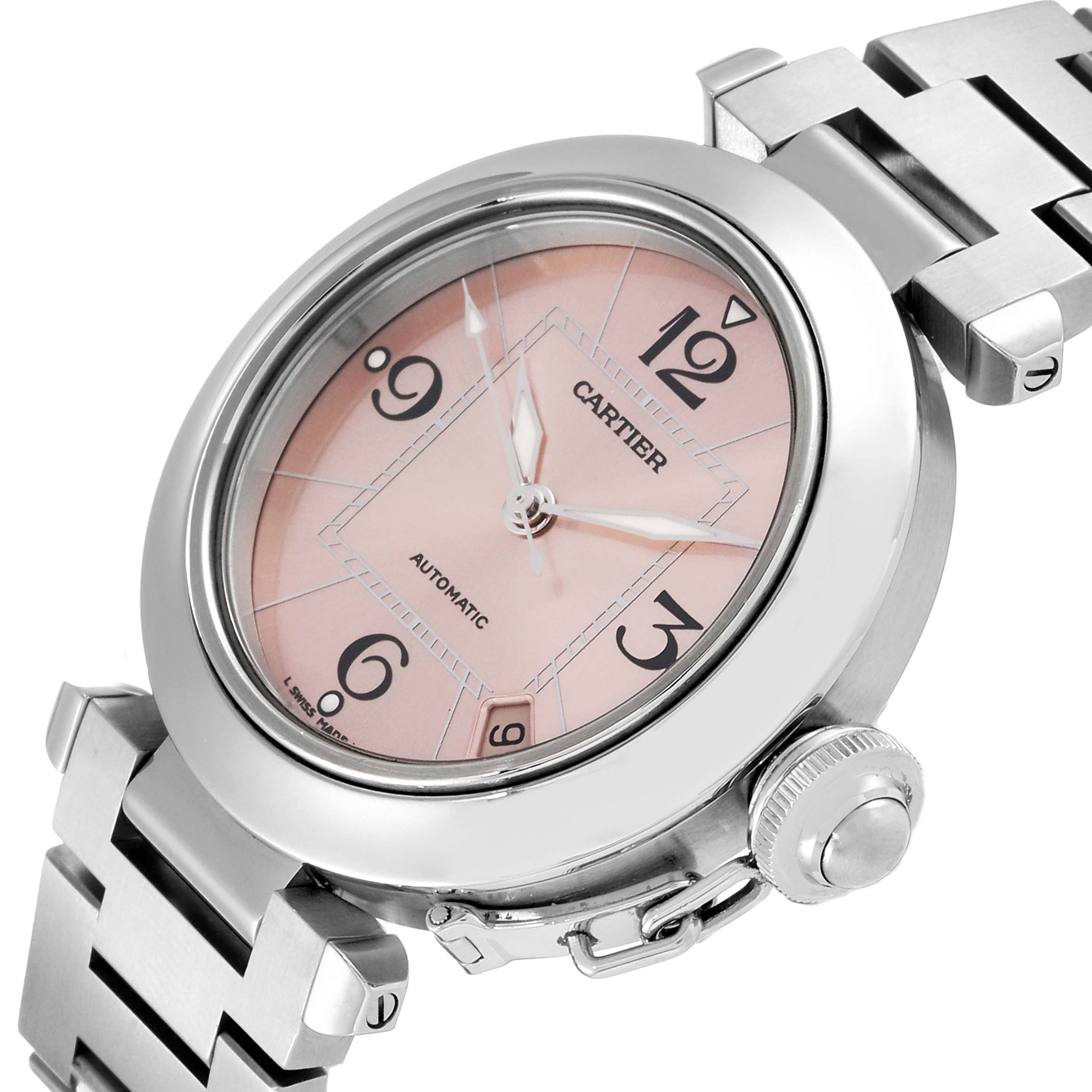 This image shows a close-up angle of the Cartier Pasha W31075M7 Women's Stainless Steel Pink Dial W31075M7 Women's Stainless Steel Pink Dial watch, focusing on the face, crown, and metal bracelet.