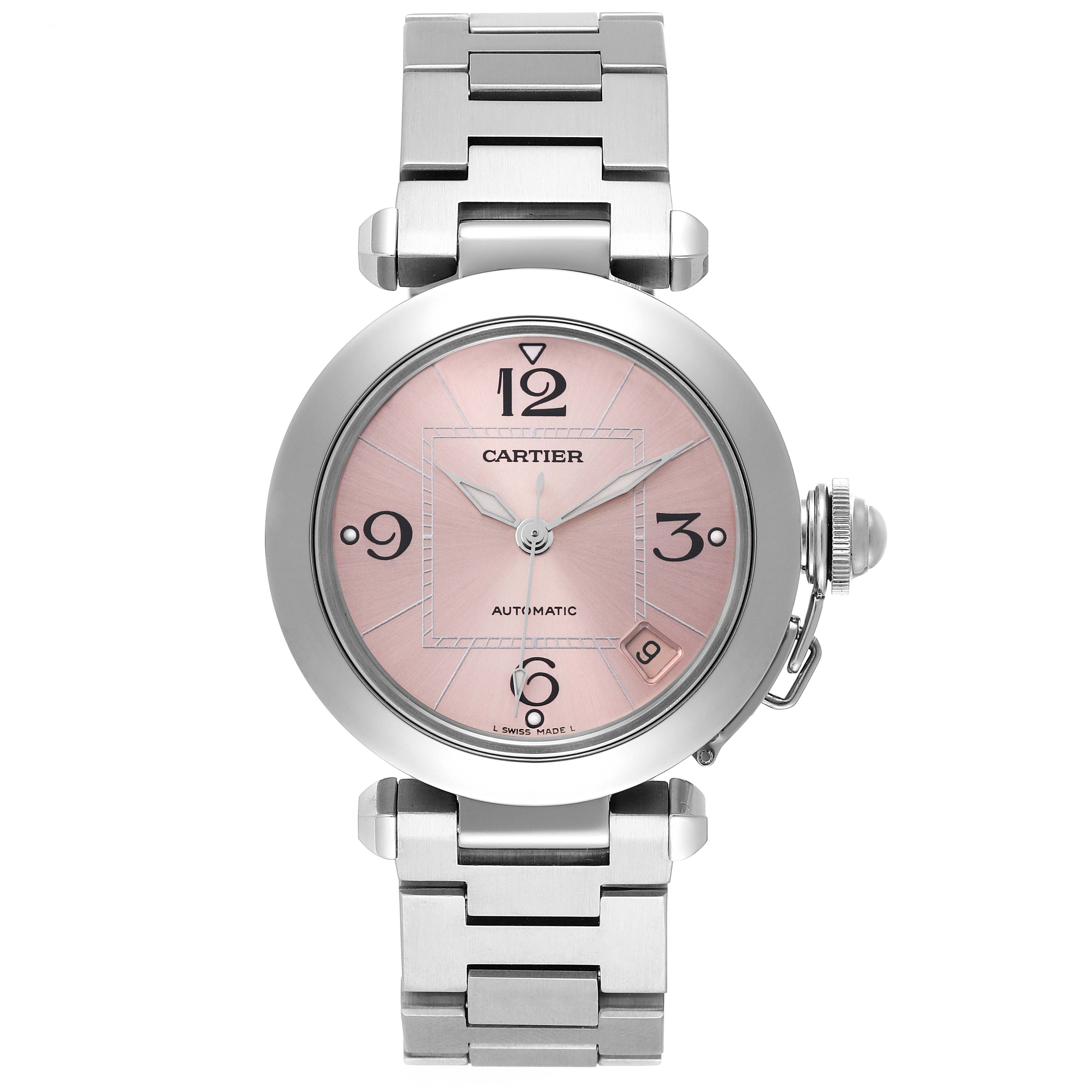 The image shows a front view of the Cartier Pasha W31075M7 Women's Stainless Steel Pink Dial W31075M7 Women's Stainless Steel Pink Dial watch, highlighting the dial, hands, and bracelet.