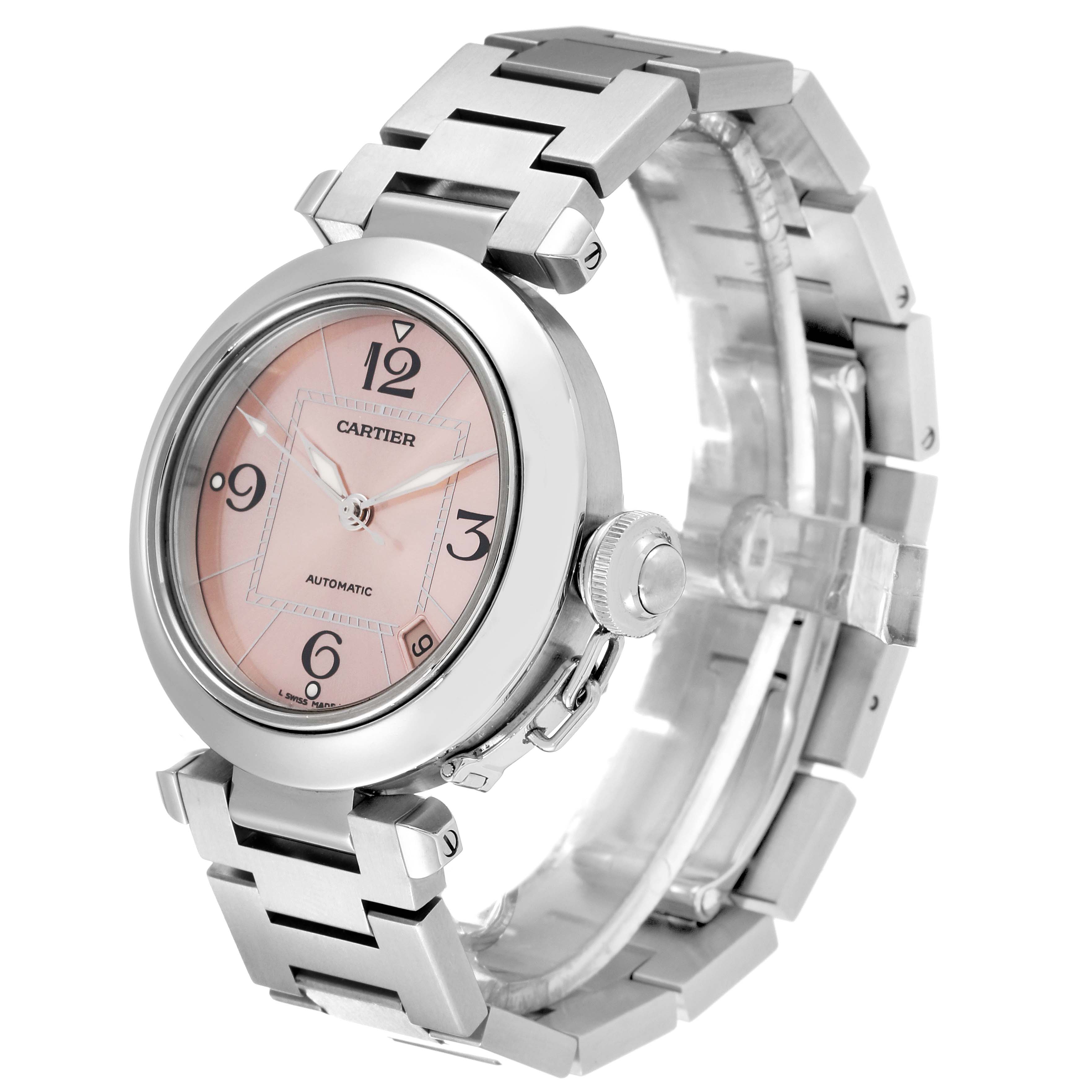 This image shows a Cartier Pasha W31075M7 Women's Stainless Steel Pink Dial W31075M7 Women's Stainless Steel Pink Dial watch, viewed from a front-right angle, highlighting its pink dial, crown, and metal bracelet.
