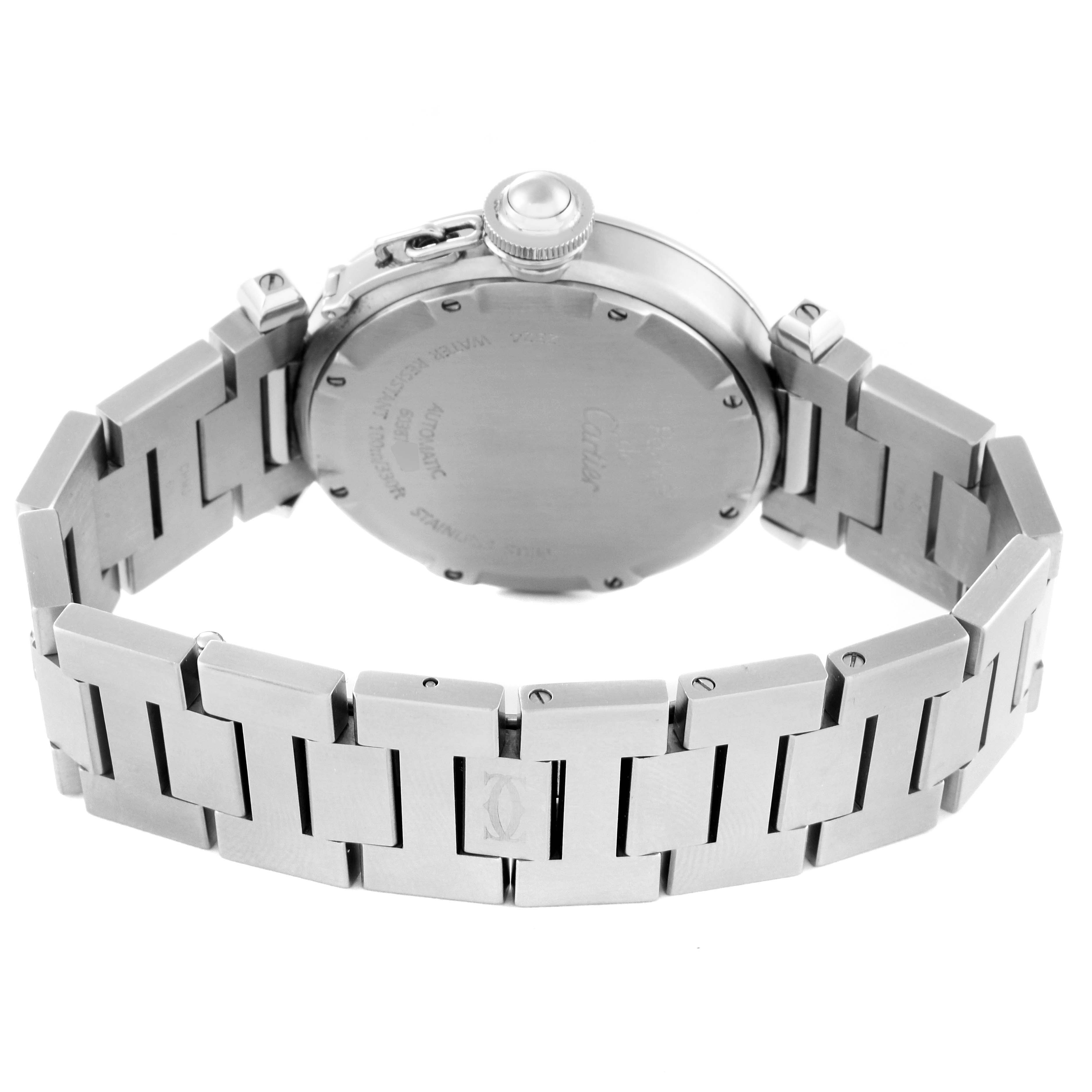 The image shows the back of the Cartier Pasha W31075M7 Women's Stainless Steel Pink Dial W31075M7 Women's Stainless Steel Pink Dial watch, highlighting its case and stainless steel bracelet.