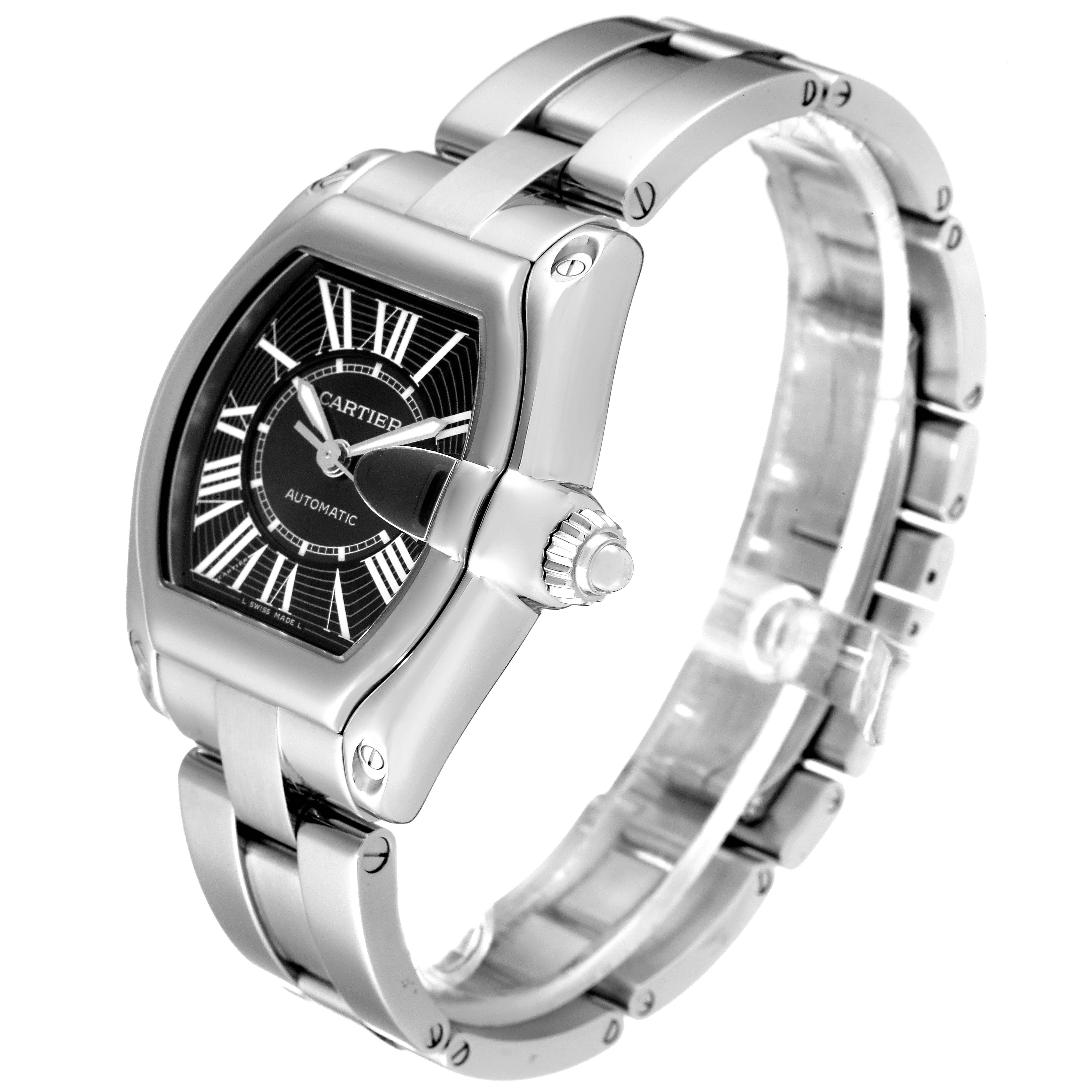 The image shows a Cartier Roadster W62041V3 Men
s Stainless Steel Black Dial W62041V3 Men
s Stainless Steel Black Dial watch at a three-quarter angle, highlighting the dial, casing, and bracelet.