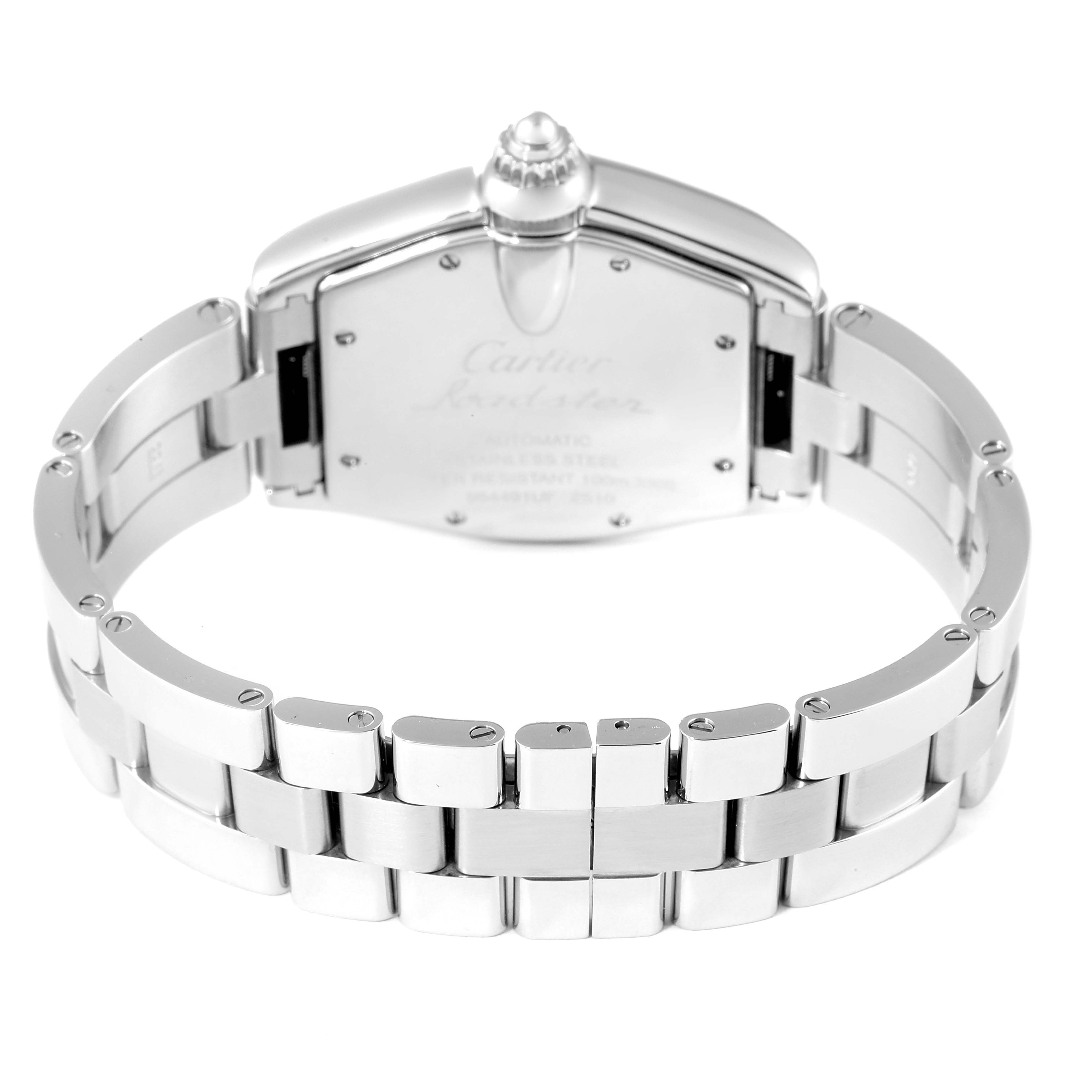 This image shows the back view of the Cartier Roadster W62041V3 Men
s Stainless Steel Black Dial W62041V3 Men
s Stainless Steel Black Dial watch, focusing on the stainless steel bracelet and case.