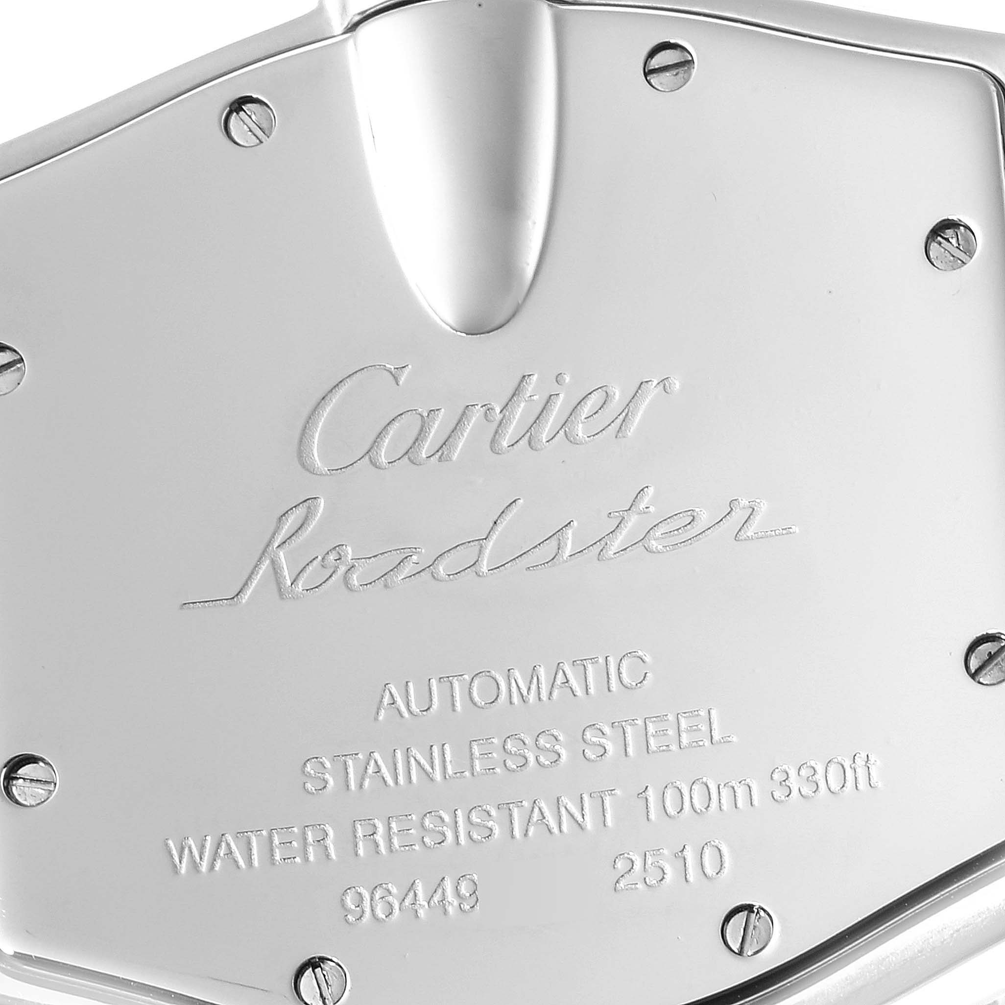 The image shows the back casing of a Cartier Roadster W62041V3 Men
s Stainless Steel Black Dial W62041V3 Men
s Stainless Steel Black Dial watch with engravings specifying details.