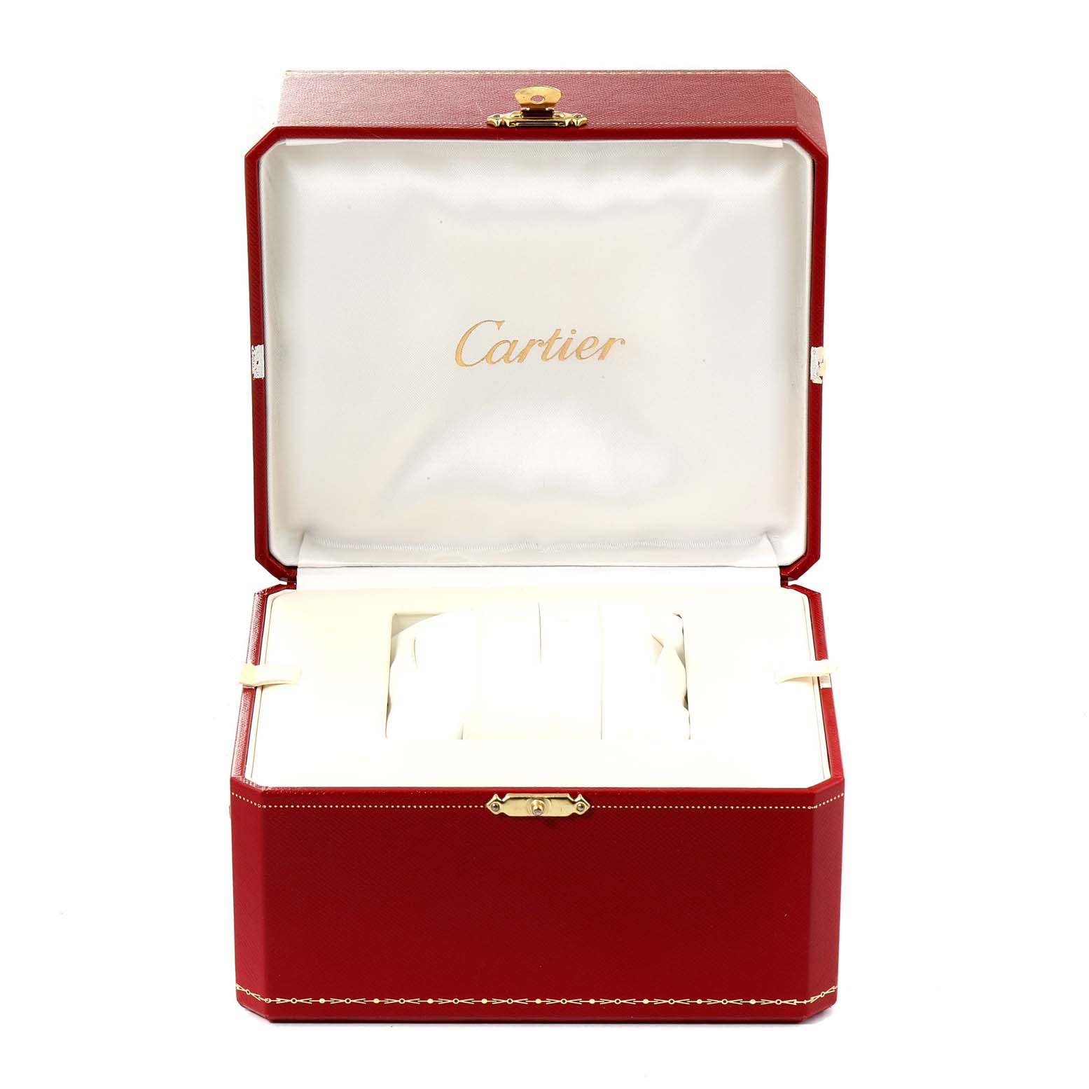 This image shows an open red box for a Cartier Roadster W62041V3 Men
s Stainless Steel Black Dial W62041V3 Men
s Stainless Steel Black Dial watch, displaying the inner cushion and compartment.
