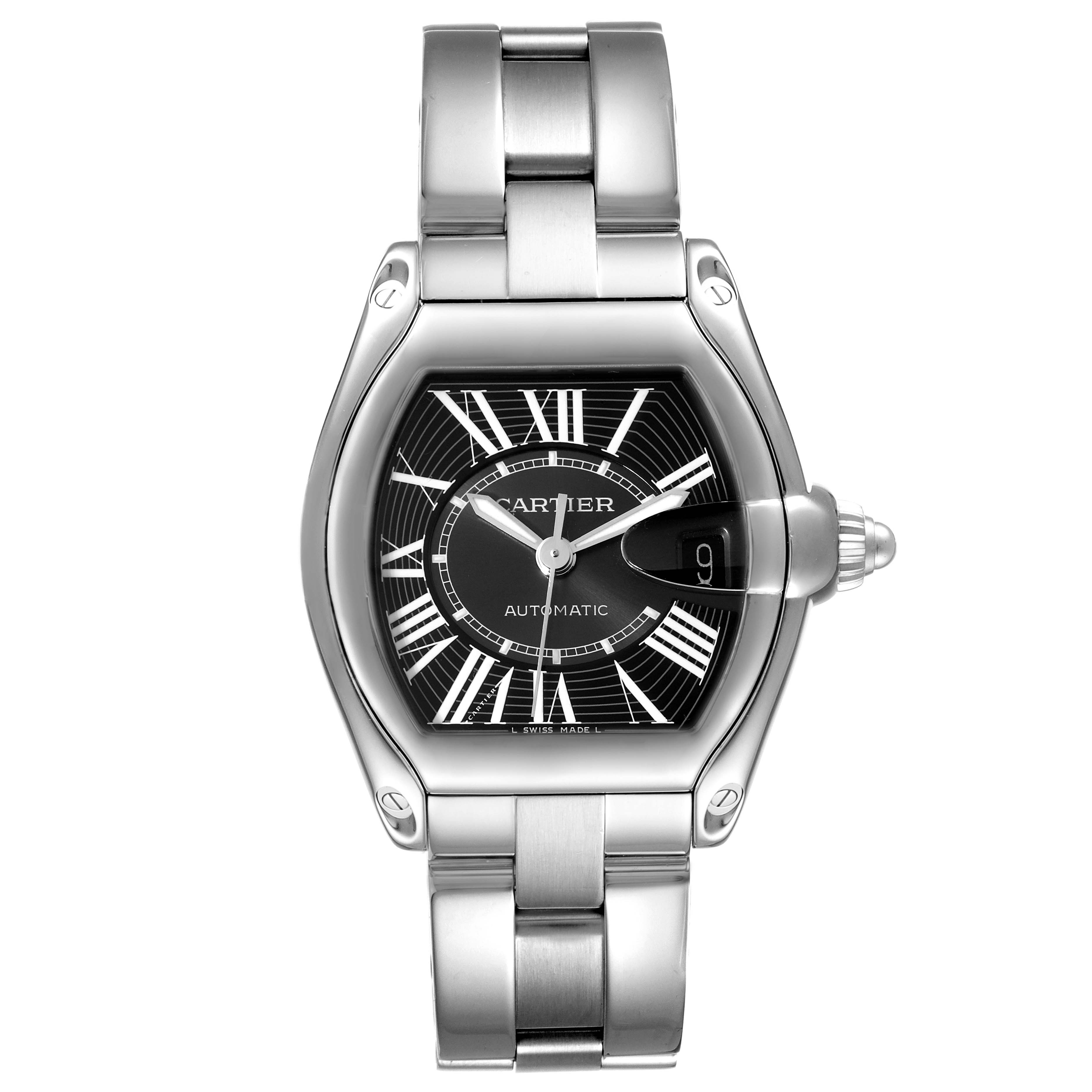 This Cartier Roadster W62041V3 Men
s Stainless Steel Black Dial W62041V3 Men
s Stainless Steel Black Dial watch is shown from the front, highlighting its face, dial, and metal bracelet.