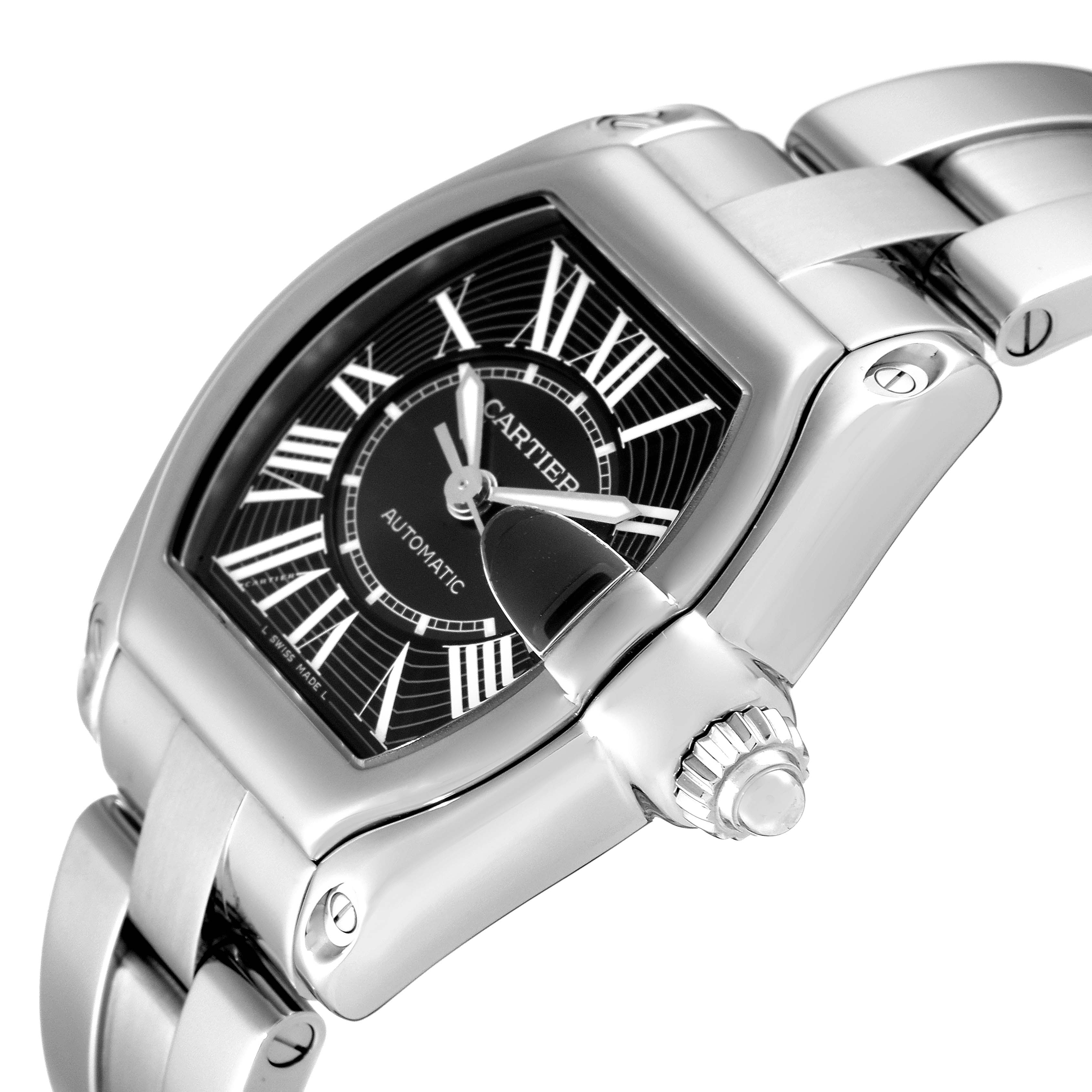 The Cartier Roadster W62041V3 Men
s Stainless Steel Black Dial W62041V3 Men
s Stainless Steel Black Dial watch is shown at an angled view, highlighting the dial, bezel, crown, and part of the bracelet.