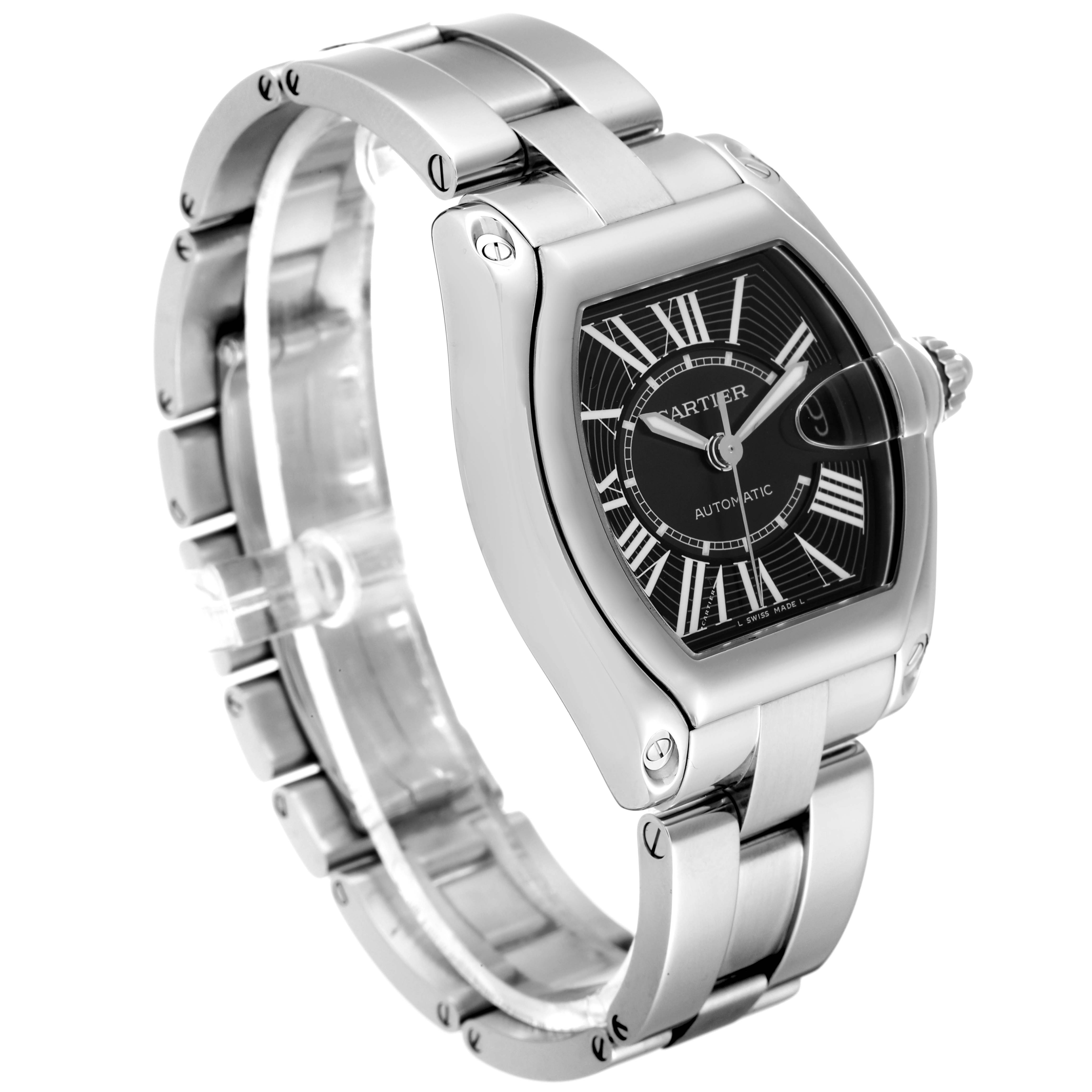 The image shows a Cartier Roadster W62041V3 Men
s Stainless Steel Black Dial W62041V3 Men
s Stainless Steel Black Dial watch from an angled top-left perspective, detailing the metal bracelet and black dial.