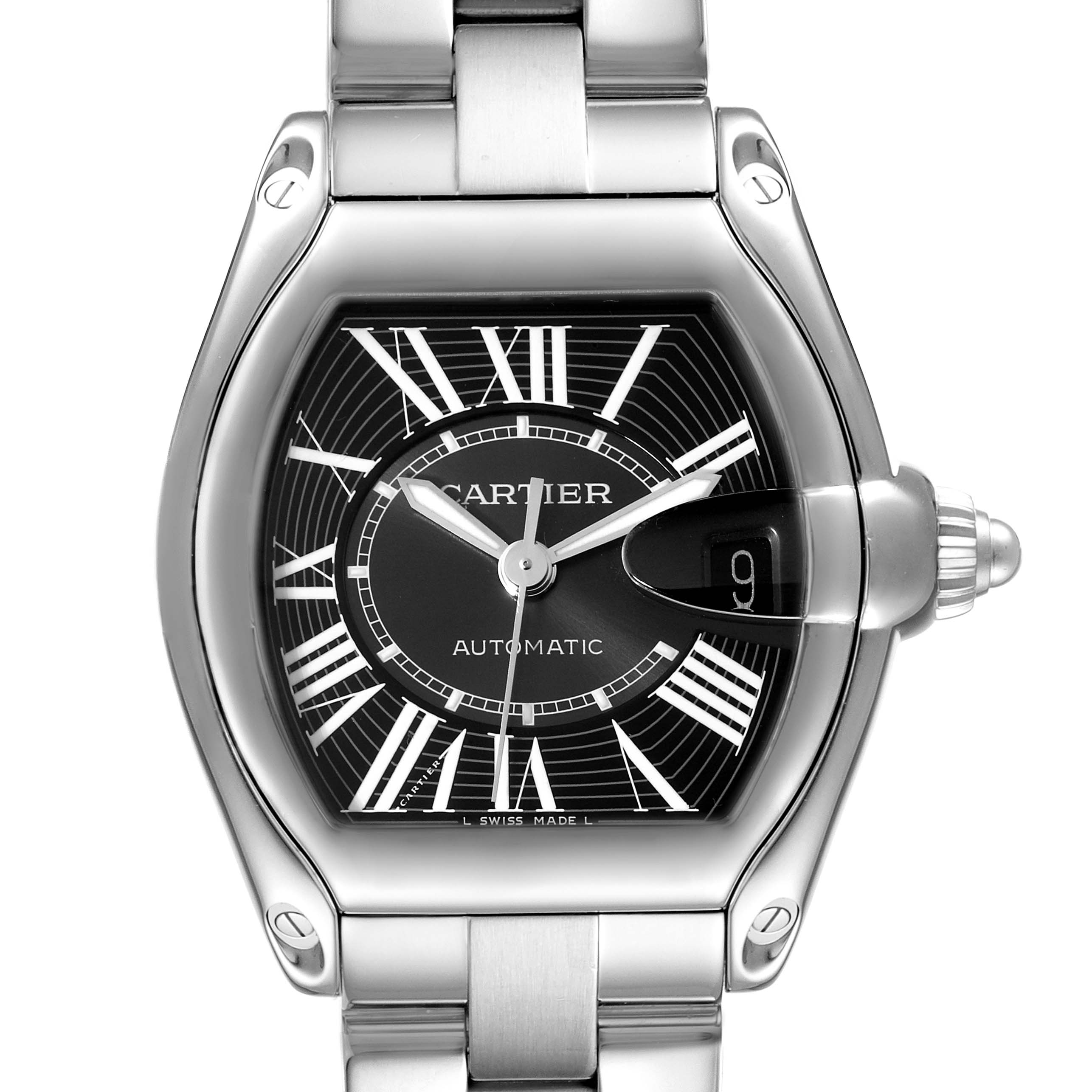 The image shows a Cartier Roadster W62041V3 Men
s Stainless Steel Black Dial W62041V3 Men
s Stainless Steel Black Dial watch from a front angle, clearly displaying the face, bezel, crown, and bracelet.